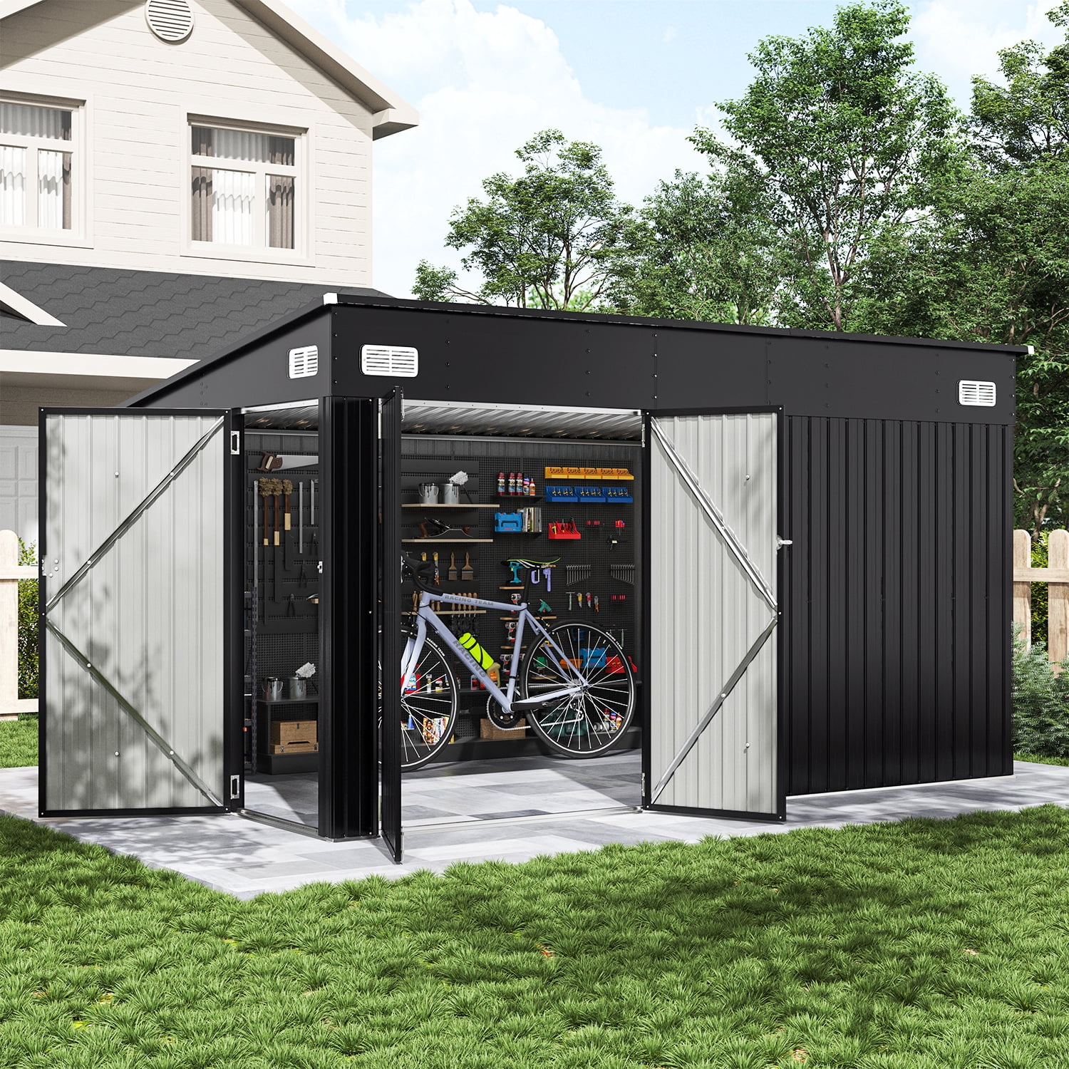 BaPiPro 12 ft x 8 ft Lean-to Metal Storage Shed, Outdoor Lockable Garden Shed with Triple Doors and Vents (Black, 12 ft x 8 ft) m8bqf