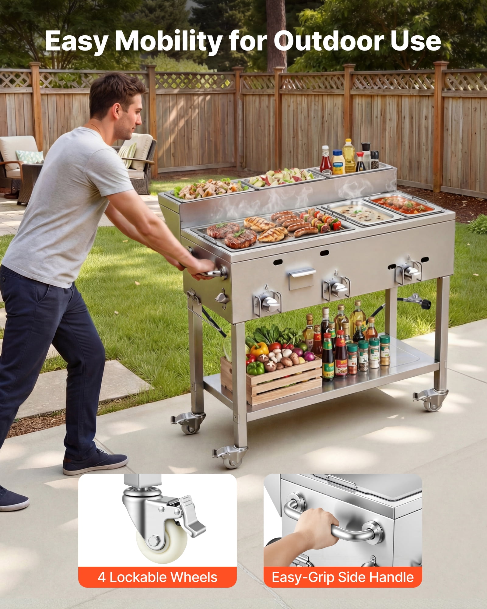 VEVOR Outdoor Propane Griddle, 3-Burner Commercial Stainless Steel Cooking Station with Warming Pans and Portable Cart (34,800 BTU) ednun