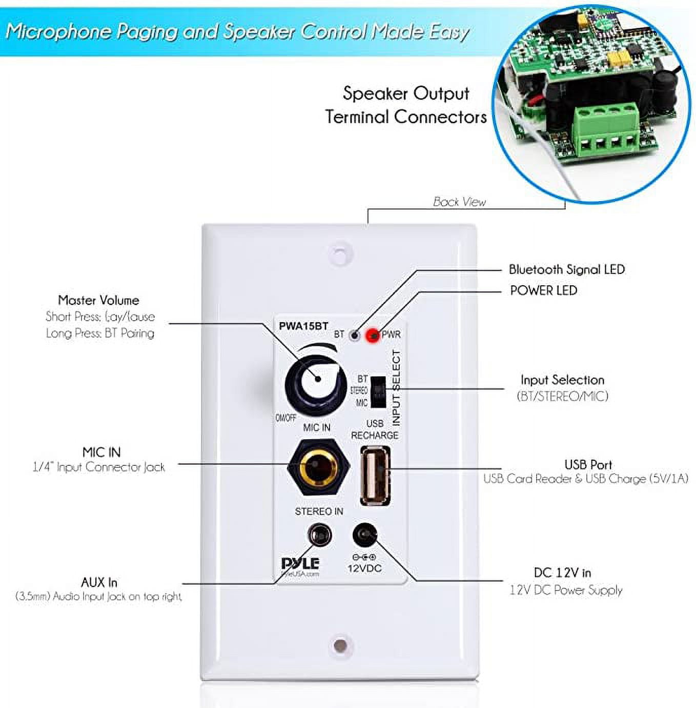 Pyle Bluetooth In-Wall Audio Control Amplifier Receiver (USB, Microphone & Aux Inputs, Standard Wall Plate Size) kbctn