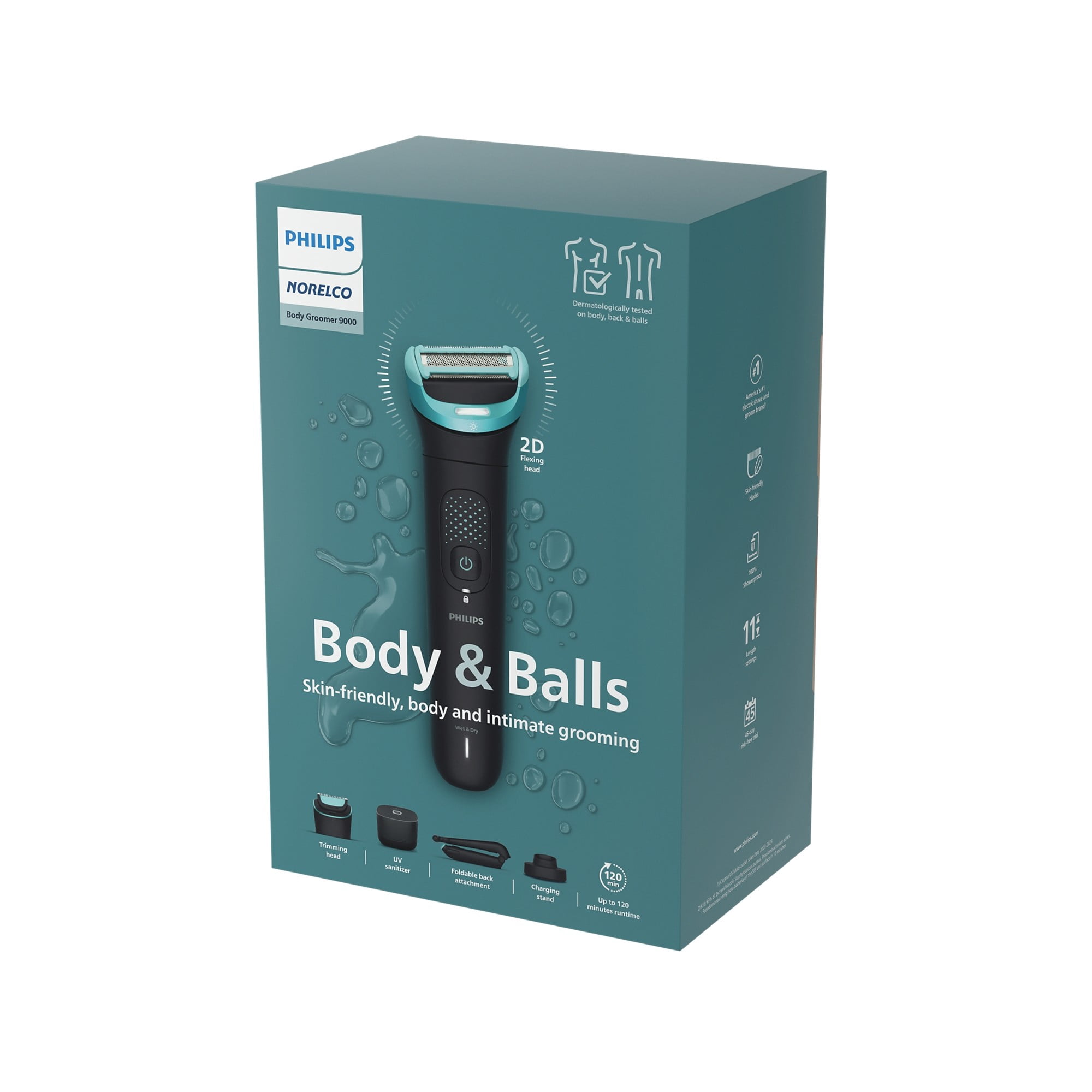 Philips Norelco Body Groomer 9000 Series, Full Body Hair Trimmer and Intimate Shaver System with UV Sanitizer and Back Attachment (Black, 11 Length Settings) szom3