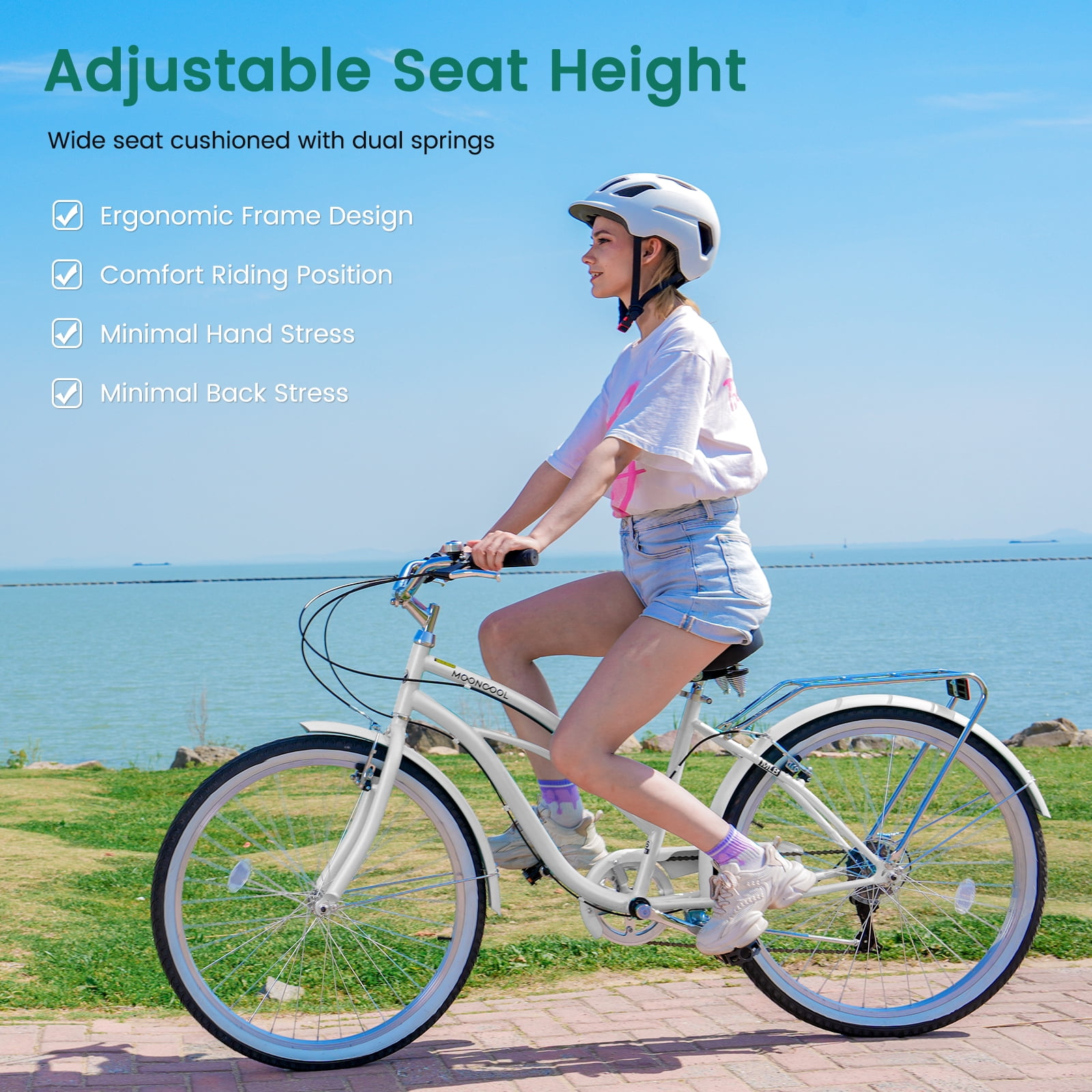 MOONCOOL 7-Speed Beach Cruiser Bike, Step-Through Frame Commuter Bicycle with Cargo Rack (White, 26 in) 89y2i
