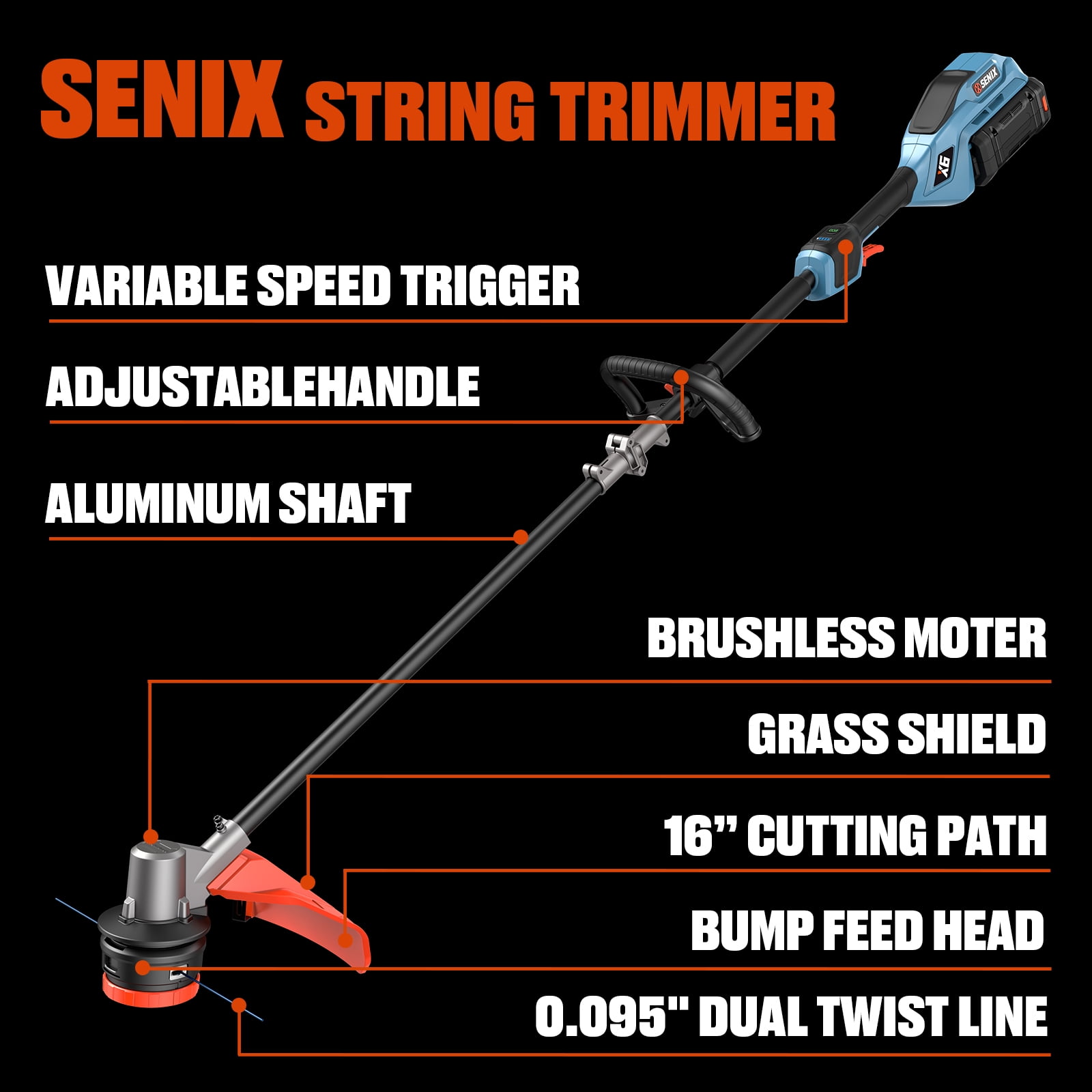 Senix 60V Brushless String Trimmer with 3Ah Battery and 3A Charger (16 in, 7.5 lb) hmwkx