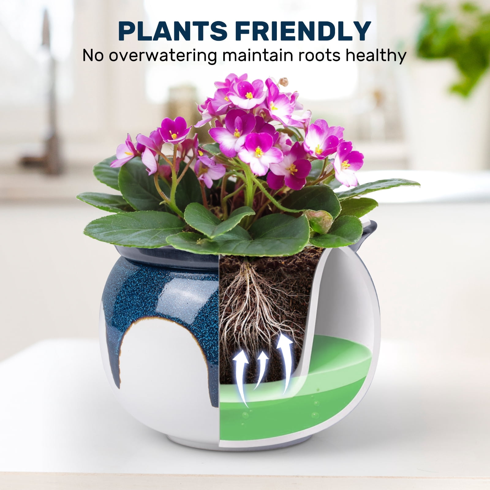 EFISPSS Self-Watering Ceramic African Violet Pot, Minimalist Indoor Planter for Succulents and Herbs (Blue Gradient, 6 in) wgnjo
