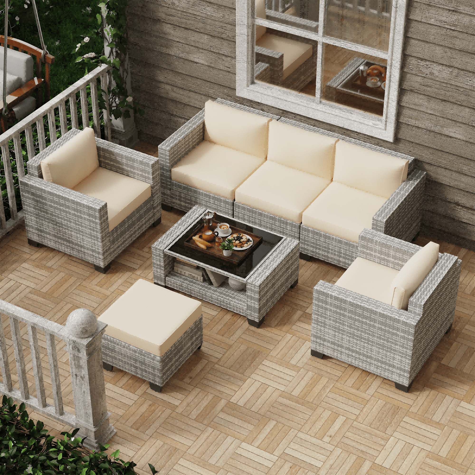 Kigoty 7-Piece Outdoor Patio Furniture Set, Wicker Rattan Sectional Sofa with Coffee Table (Gray-White Rattan, Beige Cushions) n00rz