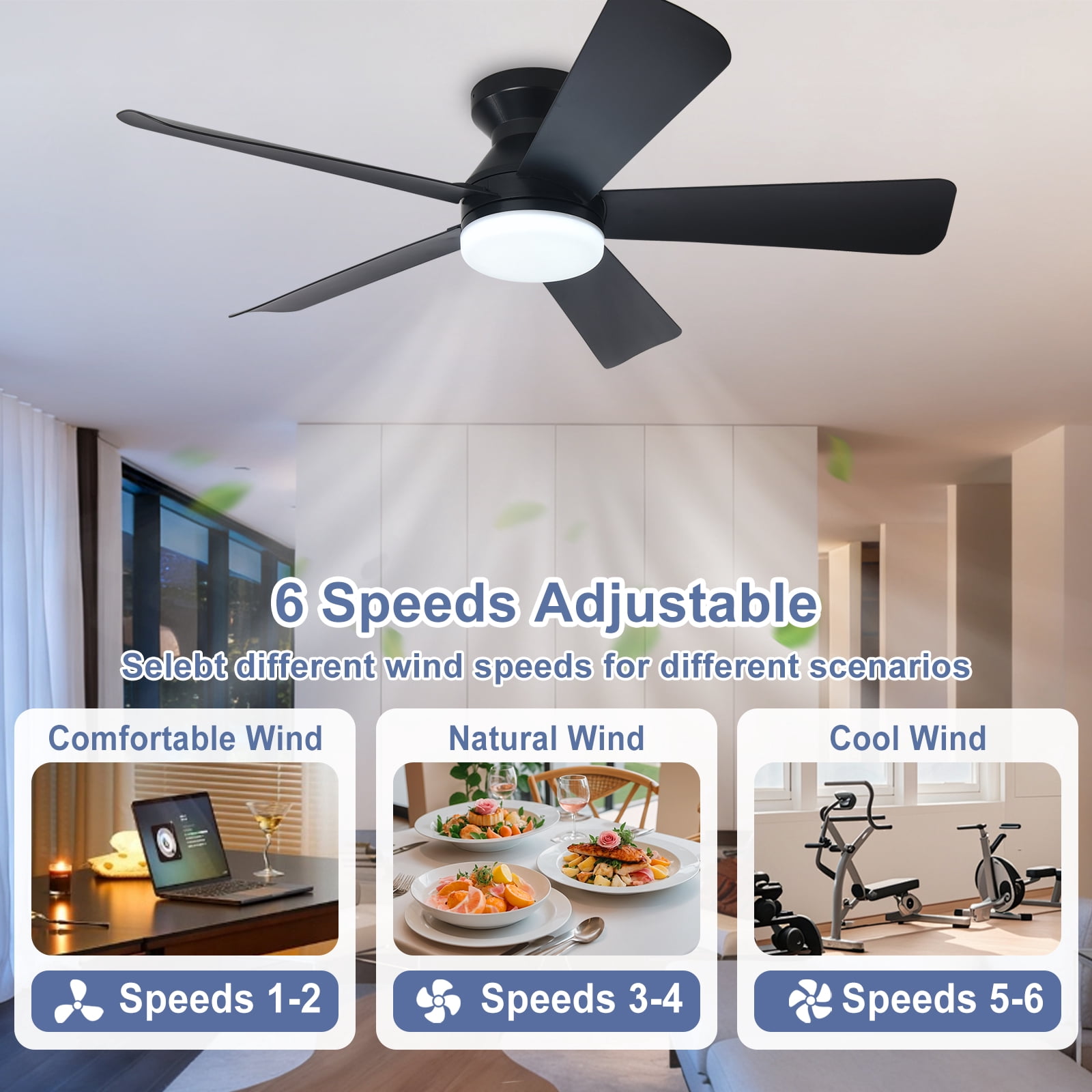 Depuley 42-Inch Low Profile Ceiling Fan with Dimmable LED Light, Quiet DC Motor, Remote Control (Black, 42 in) 7fr22