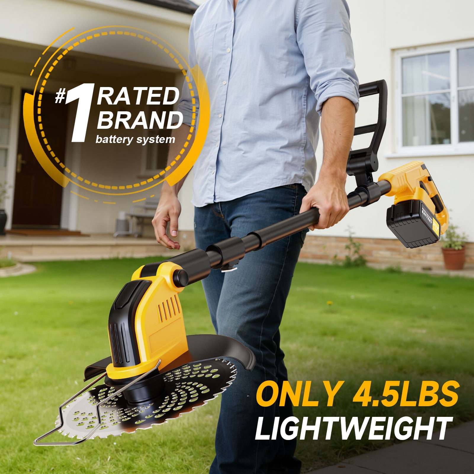Lemolifys 12-inch Cordless Brushless Weed Eater with Wheels and 5 Blades (Yellow, 21V Battery) b80p4