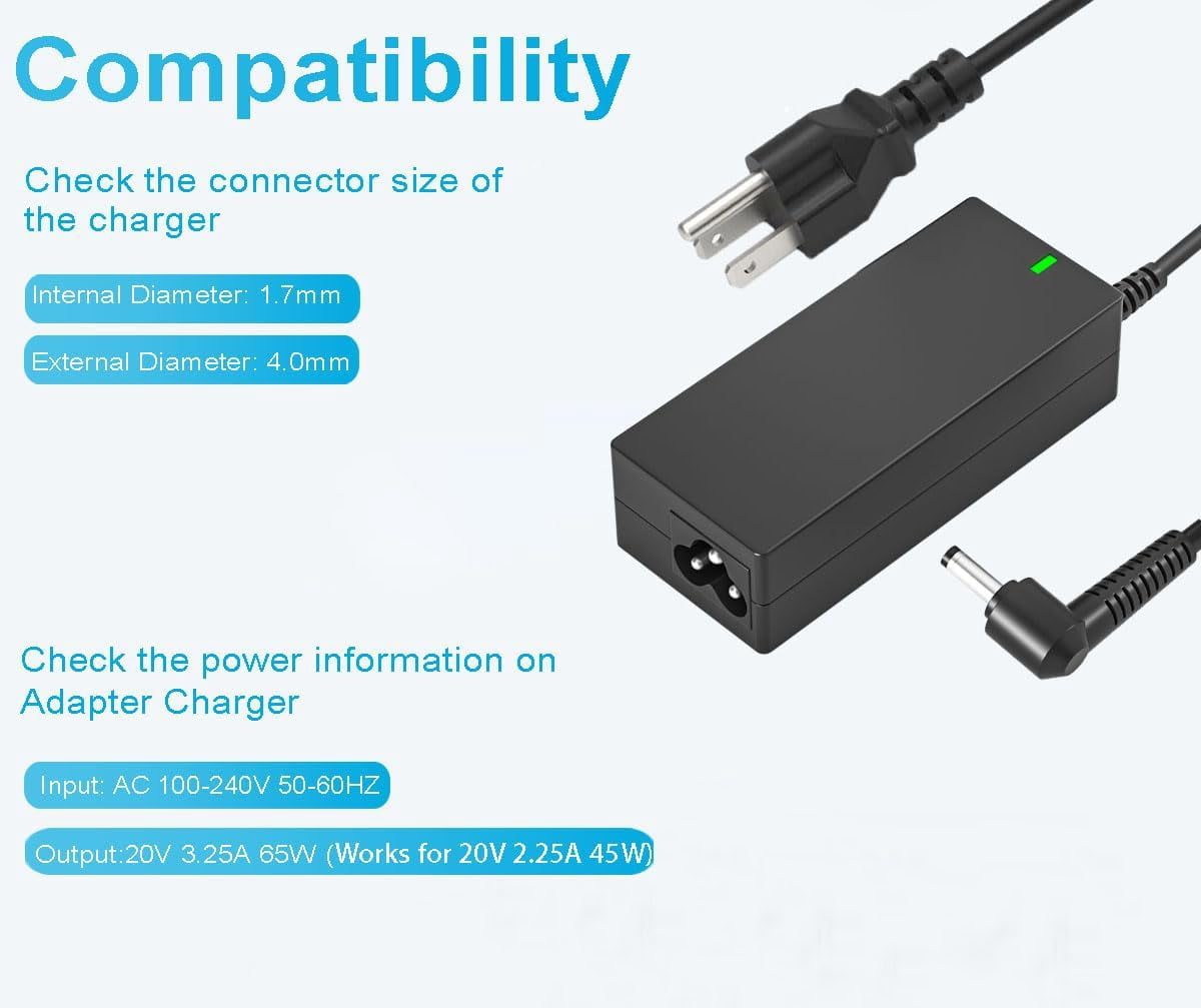 AUSIO 65W Laptop Charger for Lenovo Ideapad Flex Slim Yoga V-Series (Black, 4.0mm x 1.7mm Connector) wfe4y