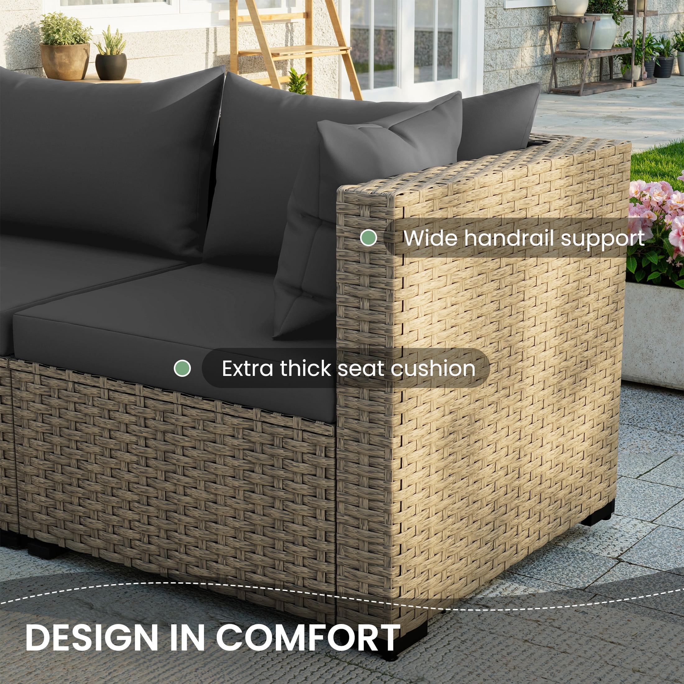 POTEBAN 7-Piece Outdoor Sectional Wicker Patio Conversation Set (Black Cushions, Gray Rattan) 32r6m