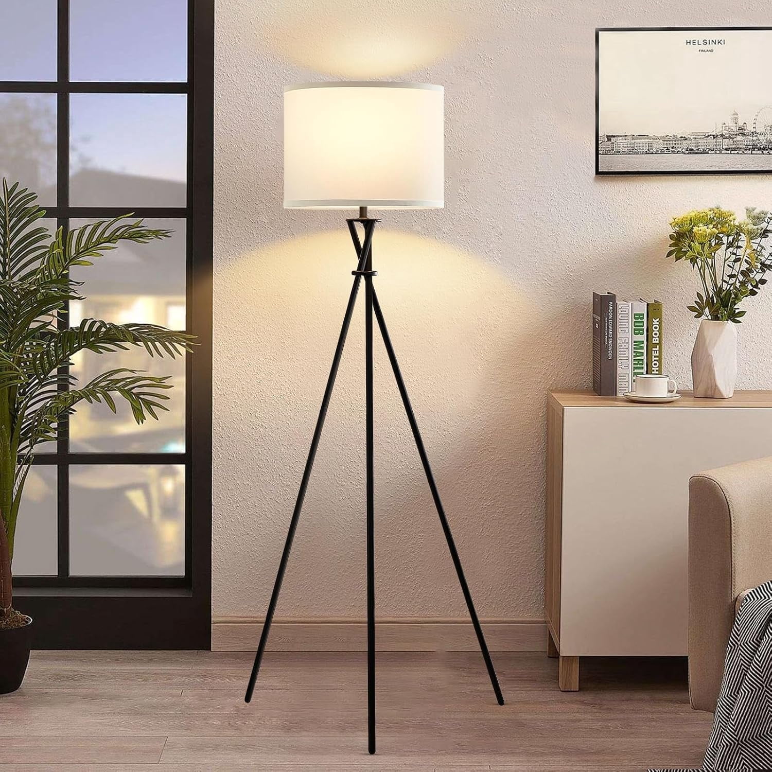 NATYSWAN Modern Tripod Floor Lamp for Living Room, Tall Standing Lamp with White Fabric Shade (Black, 61 in) 1e2dr