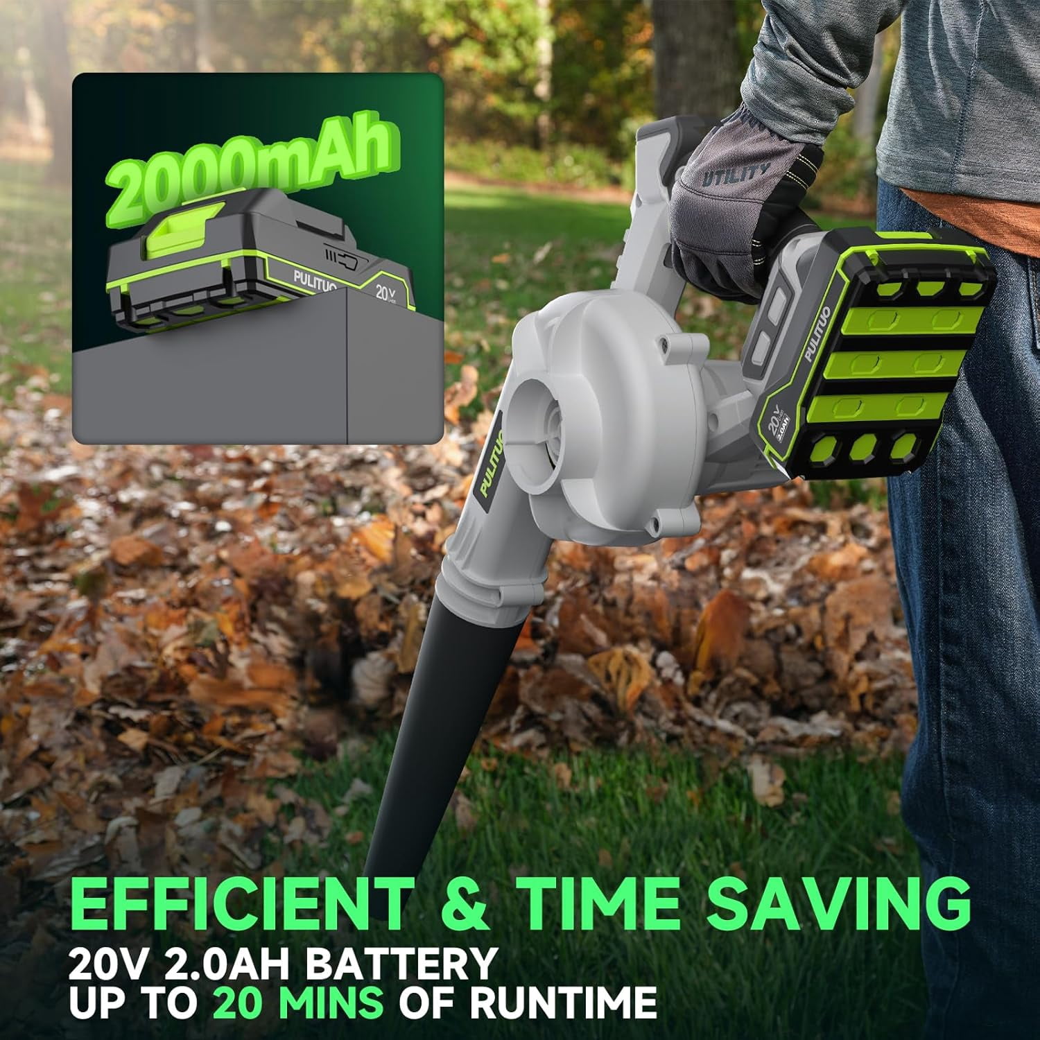 Pulituo 20V Cordless Leaf Blower, High-Velocity Electric Yard Sweeper with 2 Batteries & Charger (120MPH, 3 lb) pg8ao