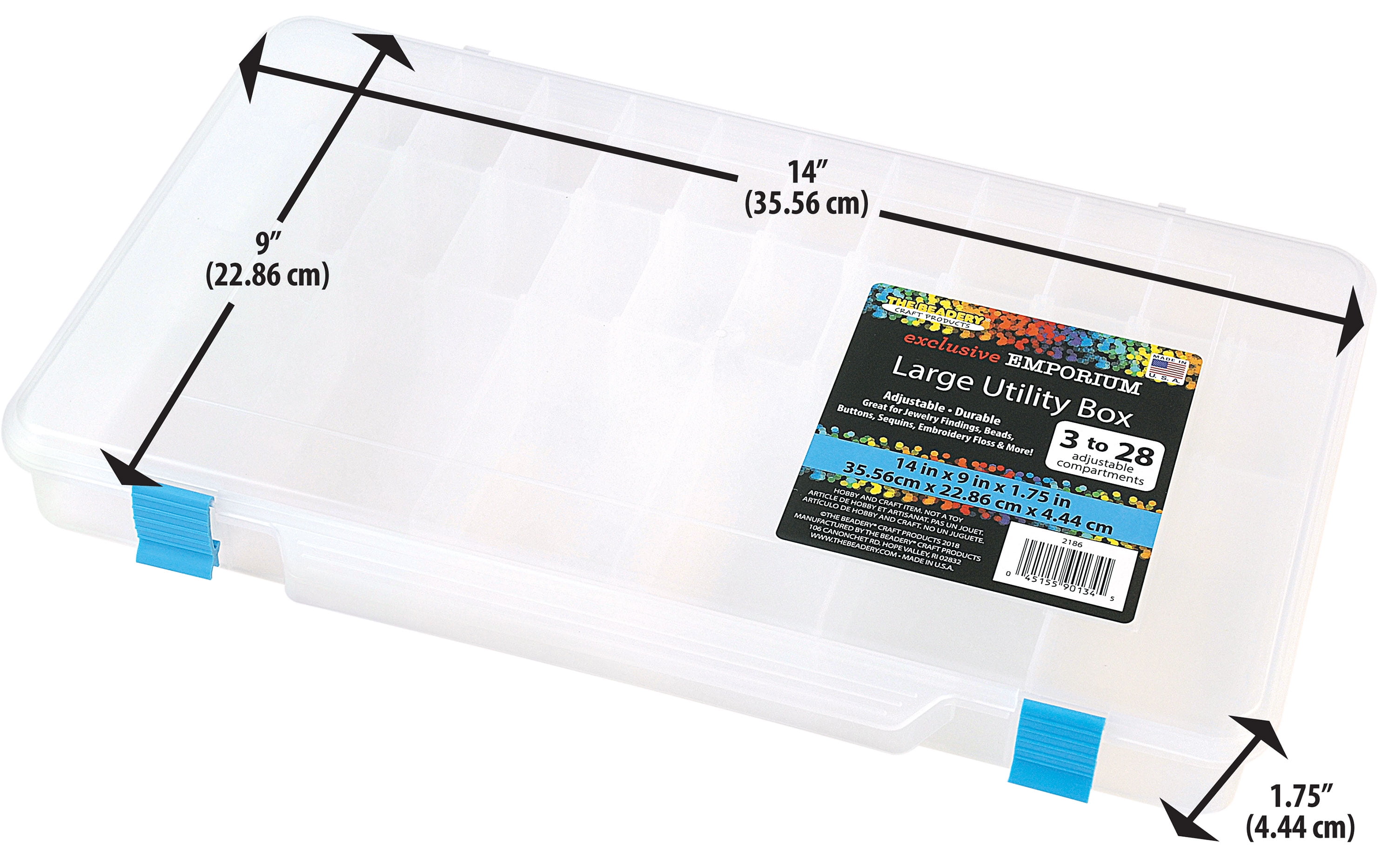 The Beadery Large Utility Storage Box with 28 Adjustable Compartments (Clear, 14 in x 9 in x 1.75 in) tfnmz