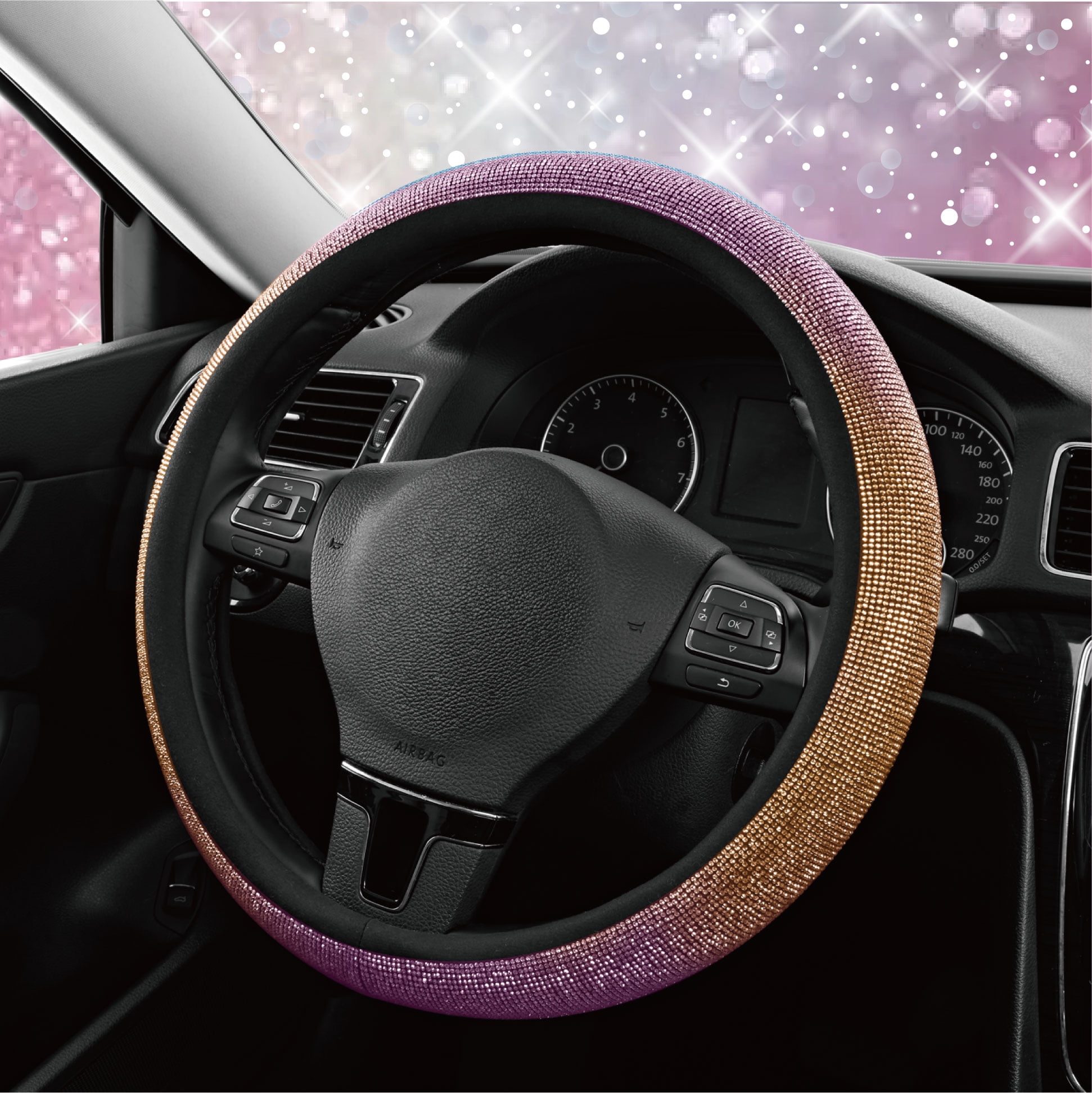 Auto Drive Bling Diamond Steering Wheel Cover, Sparkly Crystal Rhinestone Grip, Universal Fit for Cars and SUVs (Pink, 15 in) 8ulvh