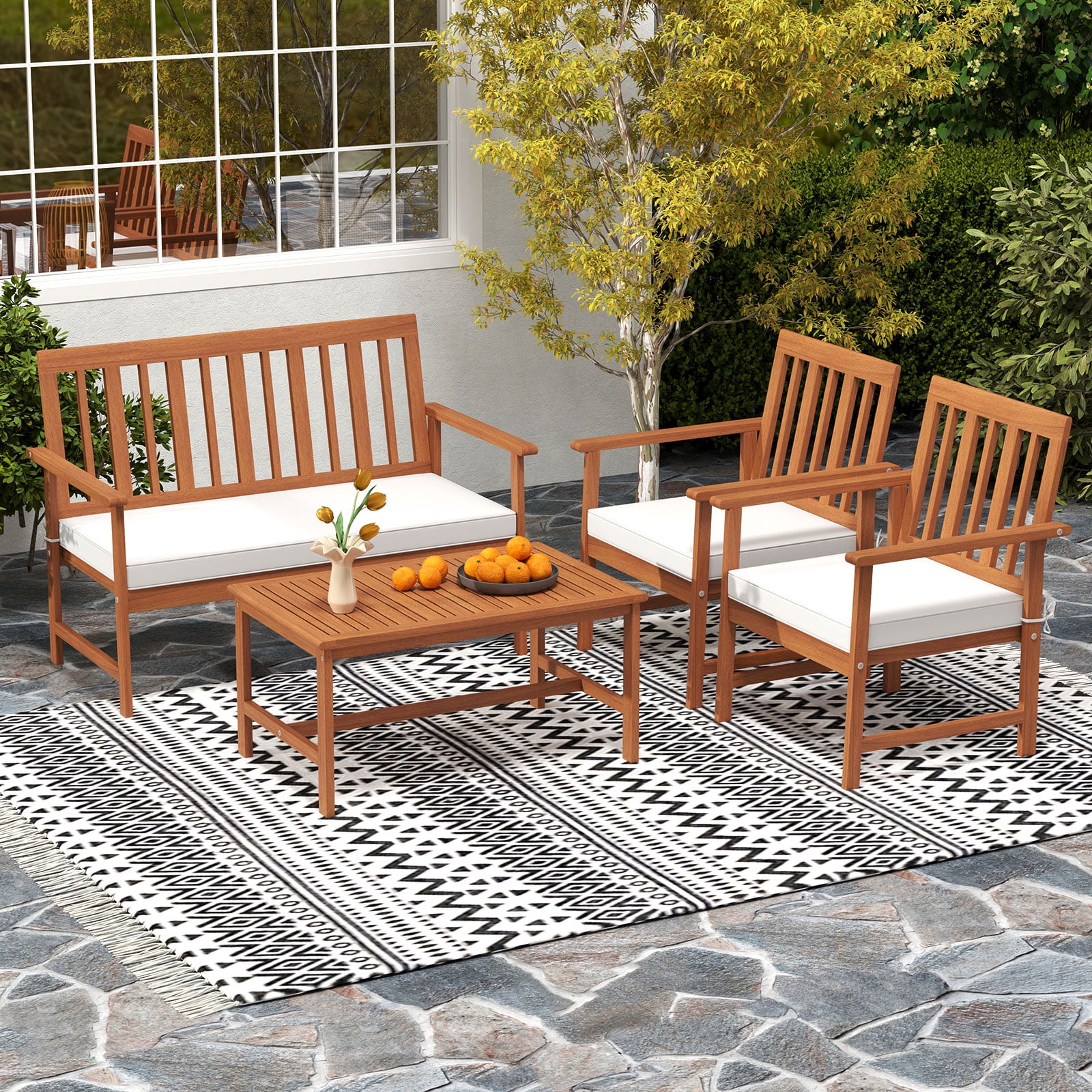 Gymax 4-Piece Acacia Wood Patio Conversation Set with Cushions (White, 4-Piece Set) zioc6
