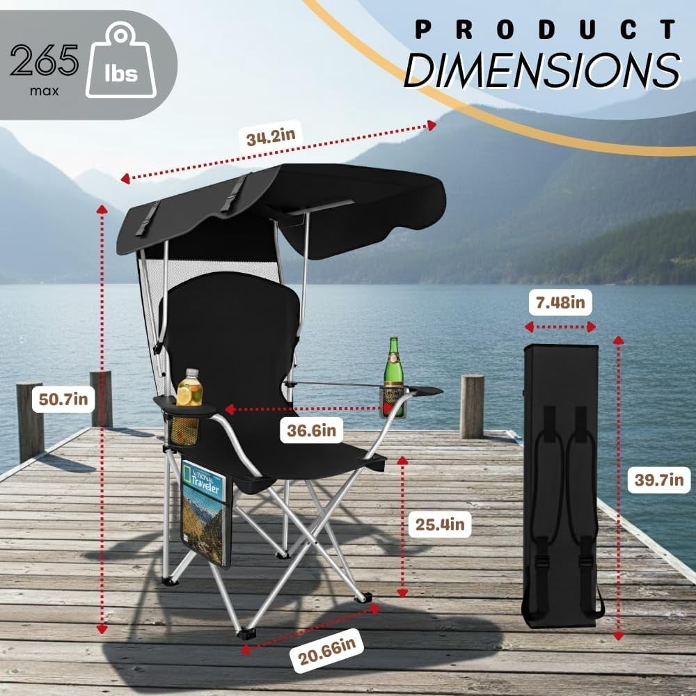 WilderHome Portable Camping Chair with Canopy, Folding Outdoor Seat with Sun Shade (Black) 1e2of