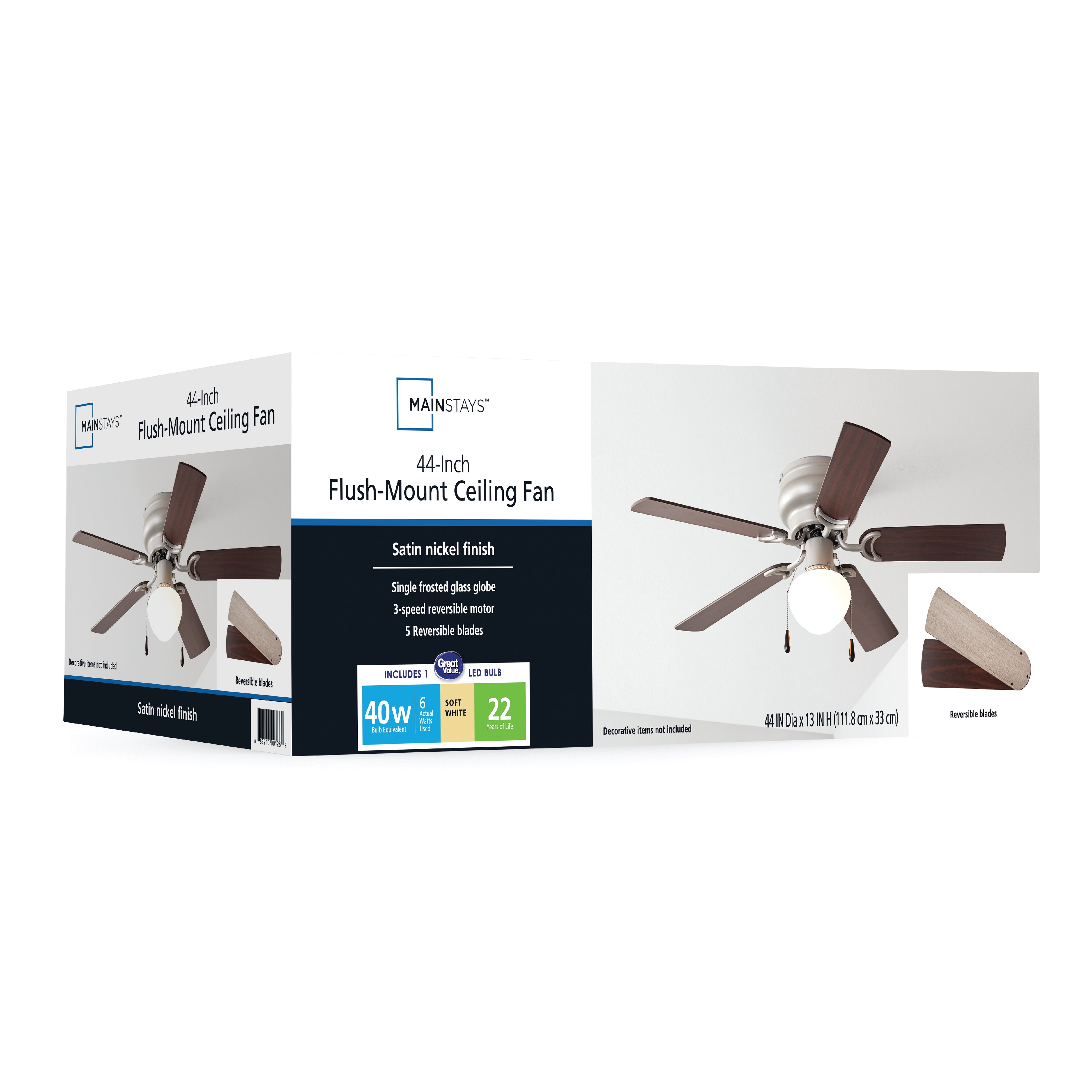 Mainstays 44 in Hugger Indoor Ceiling Fan with Light Kit (Satin Nickel, 5 Blades) suzee