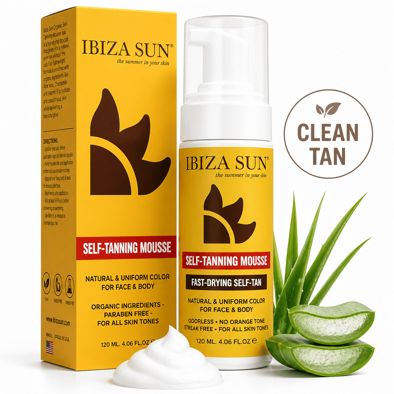 Ibiza Sun Organic Self Tanning Mousse for Face and Body (Natural Sunless Tan, 6.7 fl oz) 4mwun