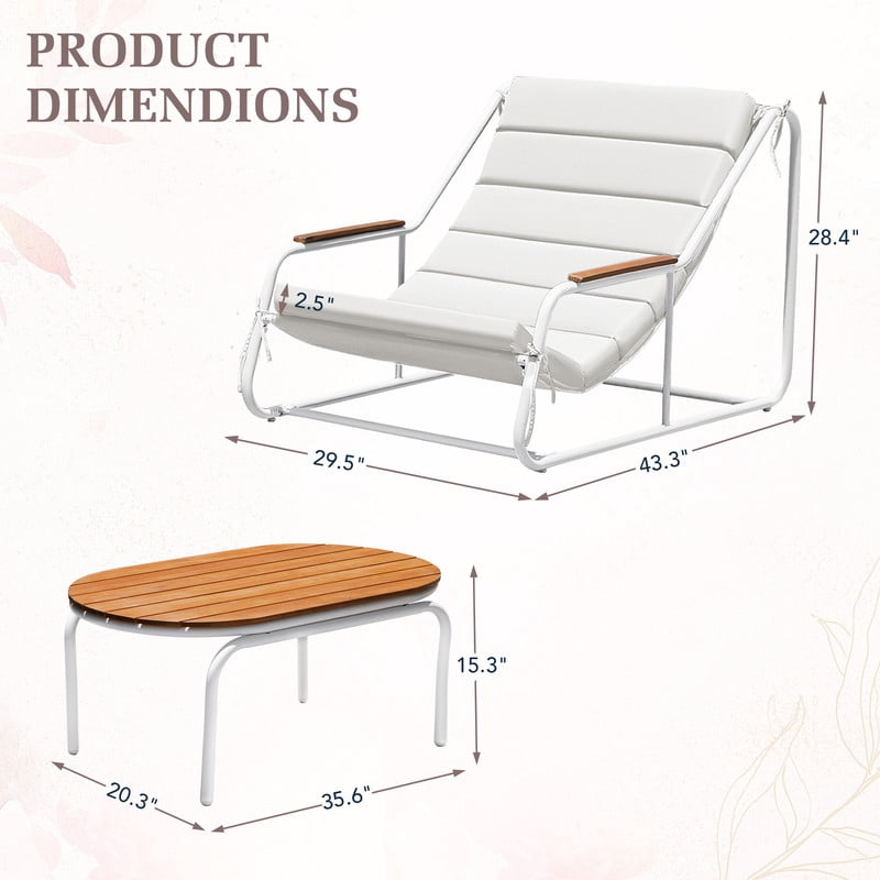 Vineego 3-Piece Outdoor Patio Conversation Bistro Set with Acacia Wood Side Table and Weather-Resistant Lounge Chairs (White, 3-Piece Set) 4ktxd