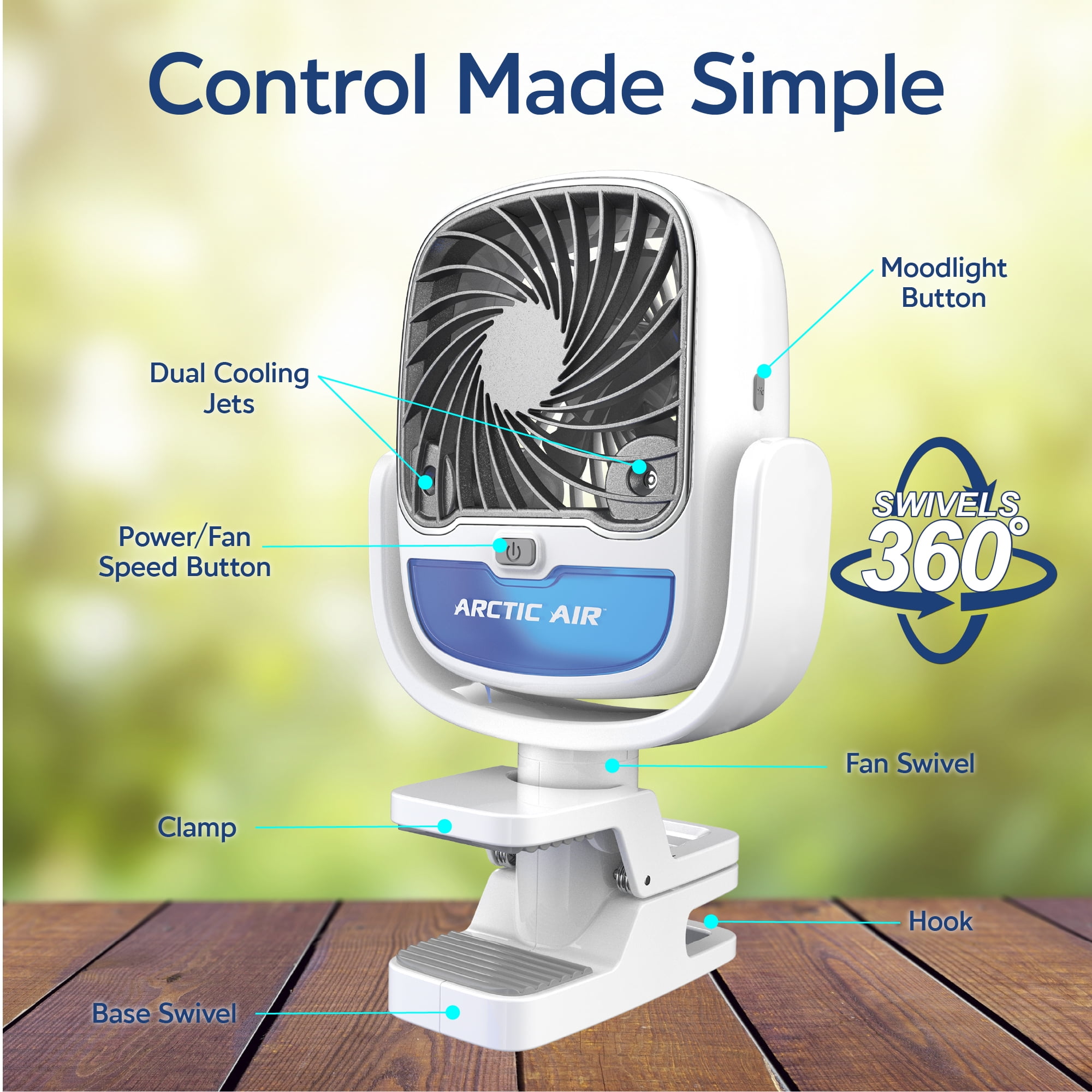 Arctic Air Grip Go Portable Evaporative Air Cooler, Rechargeable Personal Cooling Fan (White, 2.5 in Clamp) 1soy6
