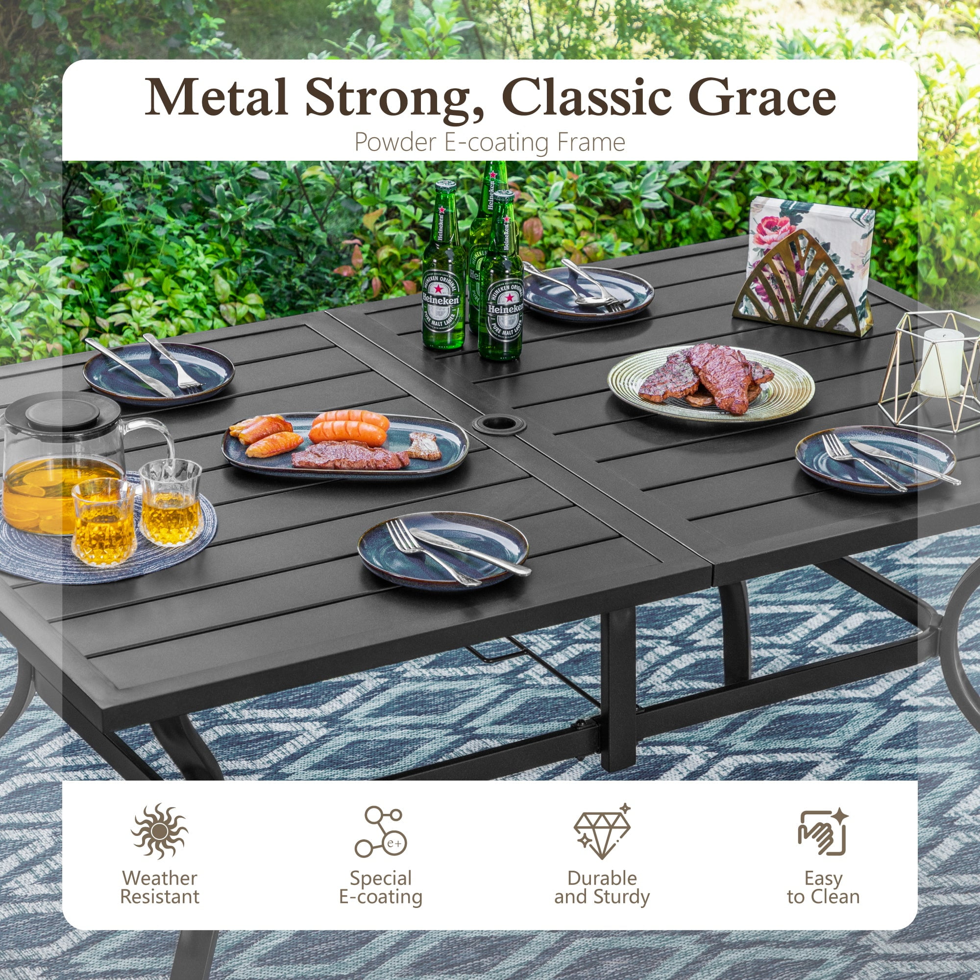 Alpha Joy 8-Piece Outdoor Patio Dining Set with Cushioned Rattan Chairs, Metal Table and 13 ft Navy Umbrella (Navy, 8-Piece Set) mwze0