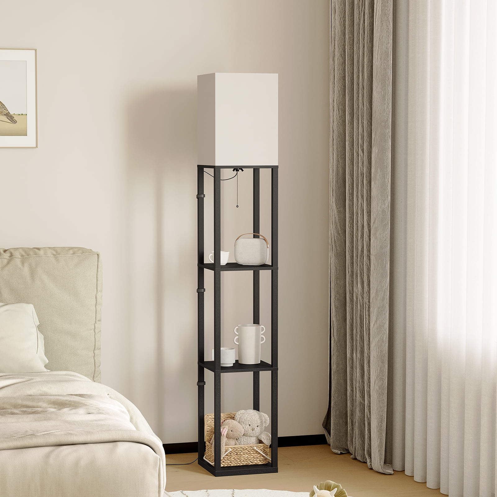 SUNMORY Floor Lamp with Shelves, Standing Lamp for Living Room and Bedroom, Modern Storage Shelf Lamp with LED Bulb (Black, 63 in) uk1io