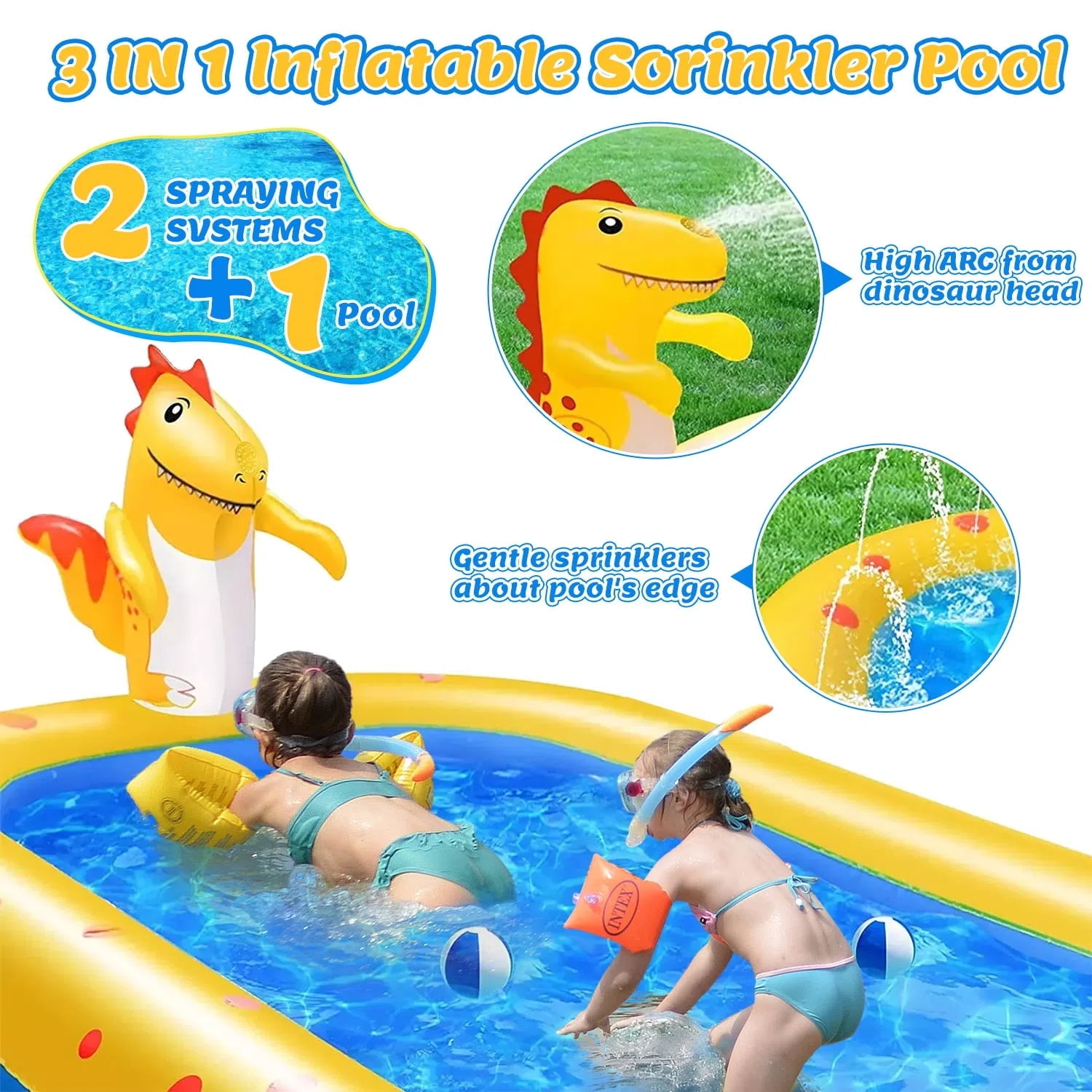 Teblint Inflatable Dinosaur Sprinkler Pool for Kids, Outdoor Water Play Center with Spray Features (Blue-Yellow, 67 in x 41 in x 26 in) ya4c7