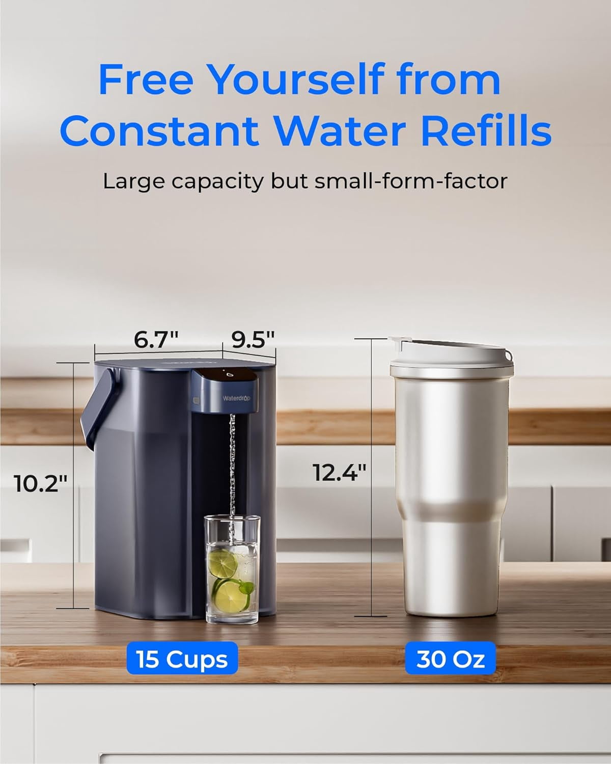 Waterdrop Electric Water Filter Pitcher, Countertop Filtration System for Chlorine, Lead, and PFAS Reduction (Blue, 15-Cup) 2fcuy