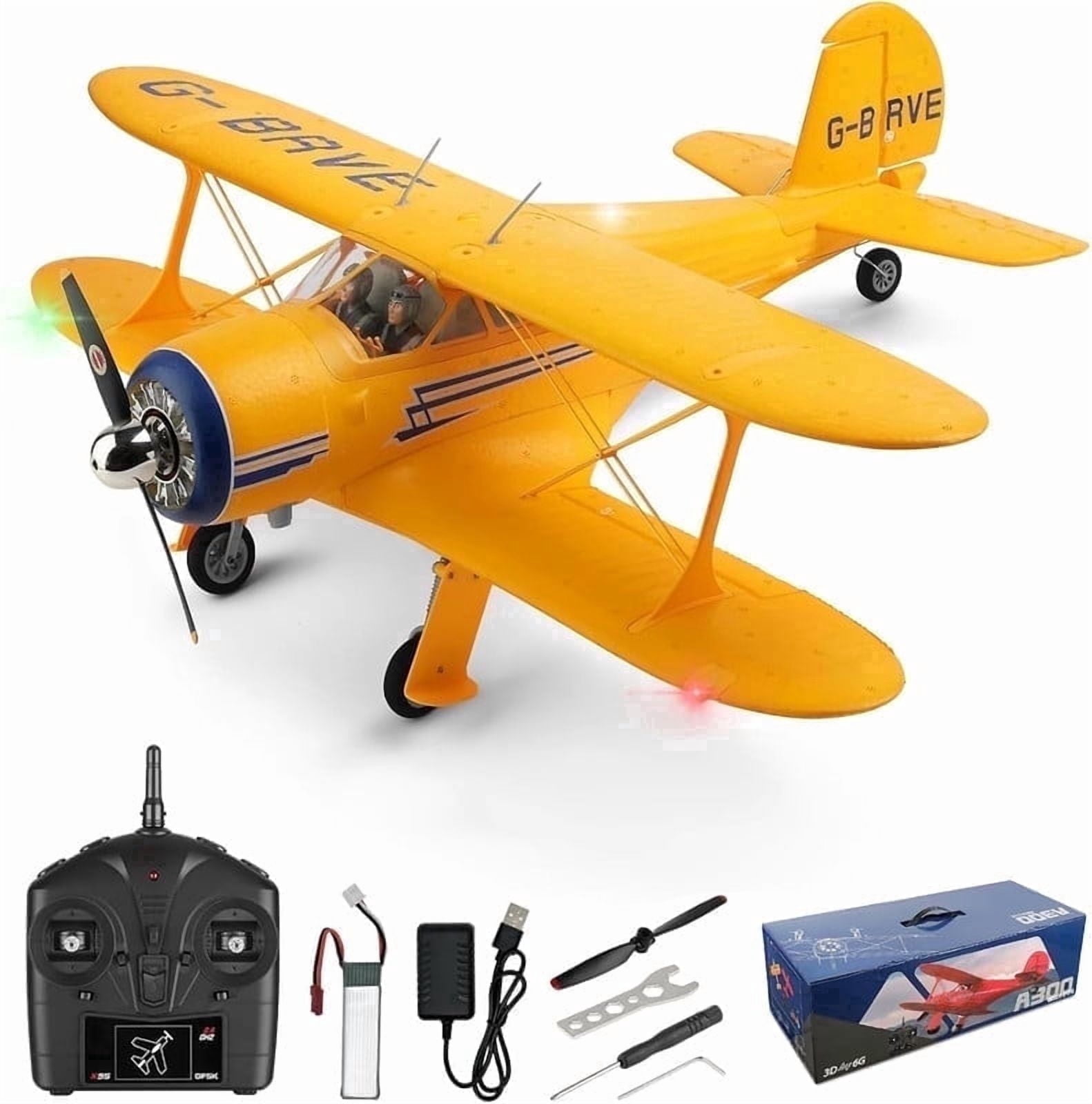 Bruce & Shark A300 RC Airplane Beechcraft D-17 4-Channel Brushless Remote Control Plane with Lights (Yellow, 2 Batteries) 35sy4