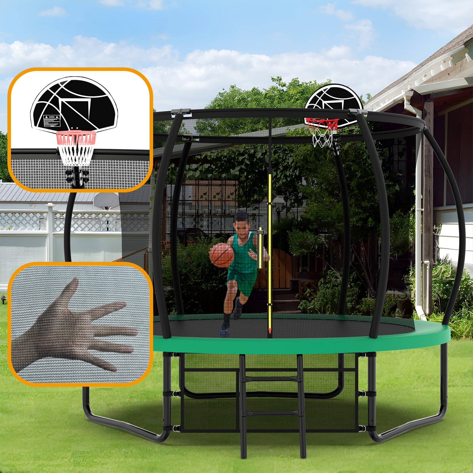 Euroco Outdoor Trampoline with Basketball Hoop and Two-Step Ladder (Green, 10 ft) 43zwe