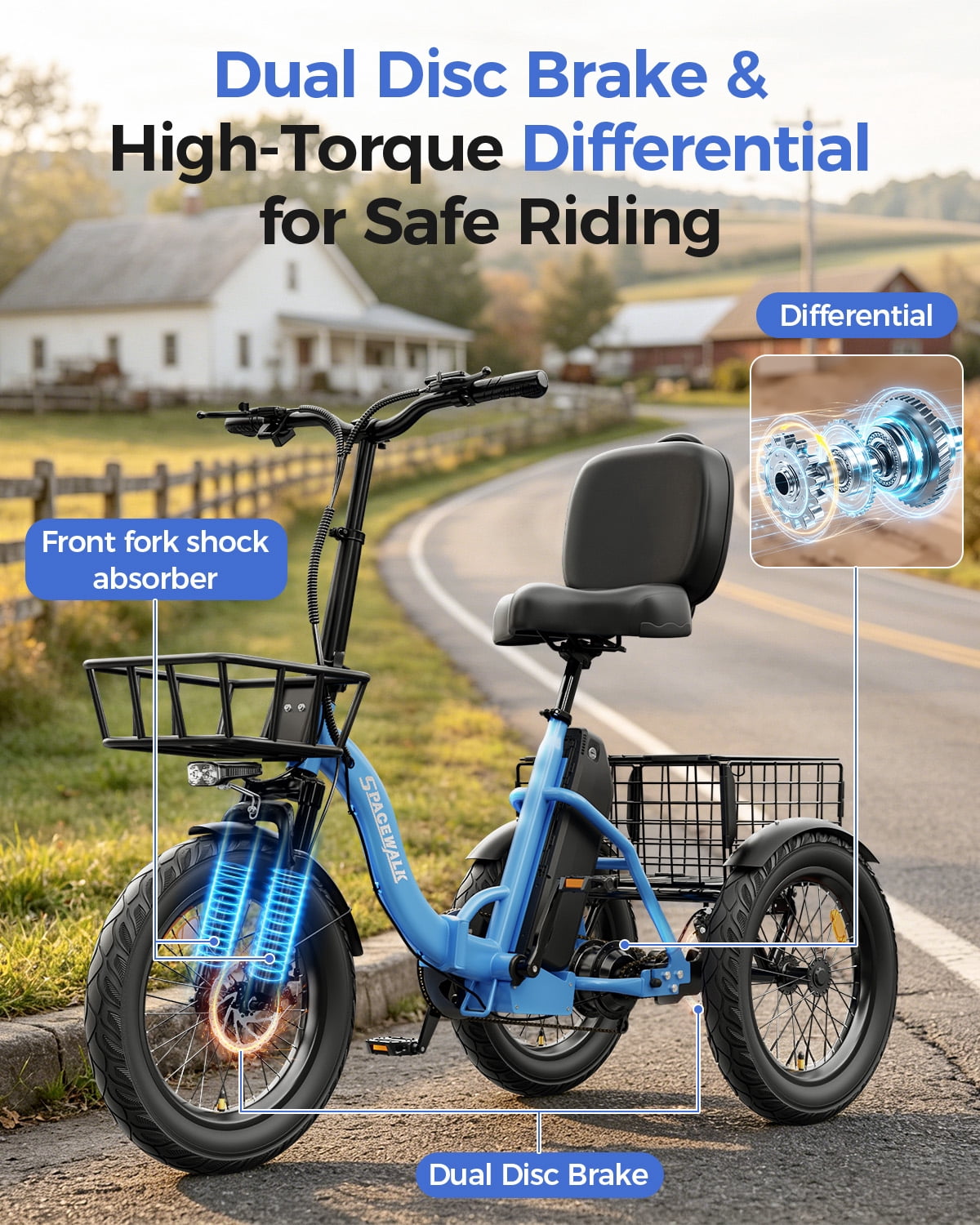 EILLEO SPACEWALK Adult 3-Wheel Electric Tricycle, 700W Motor, 60-Mile Range, Fat Tire E-Trike (Blue, 18 in) wbxcy