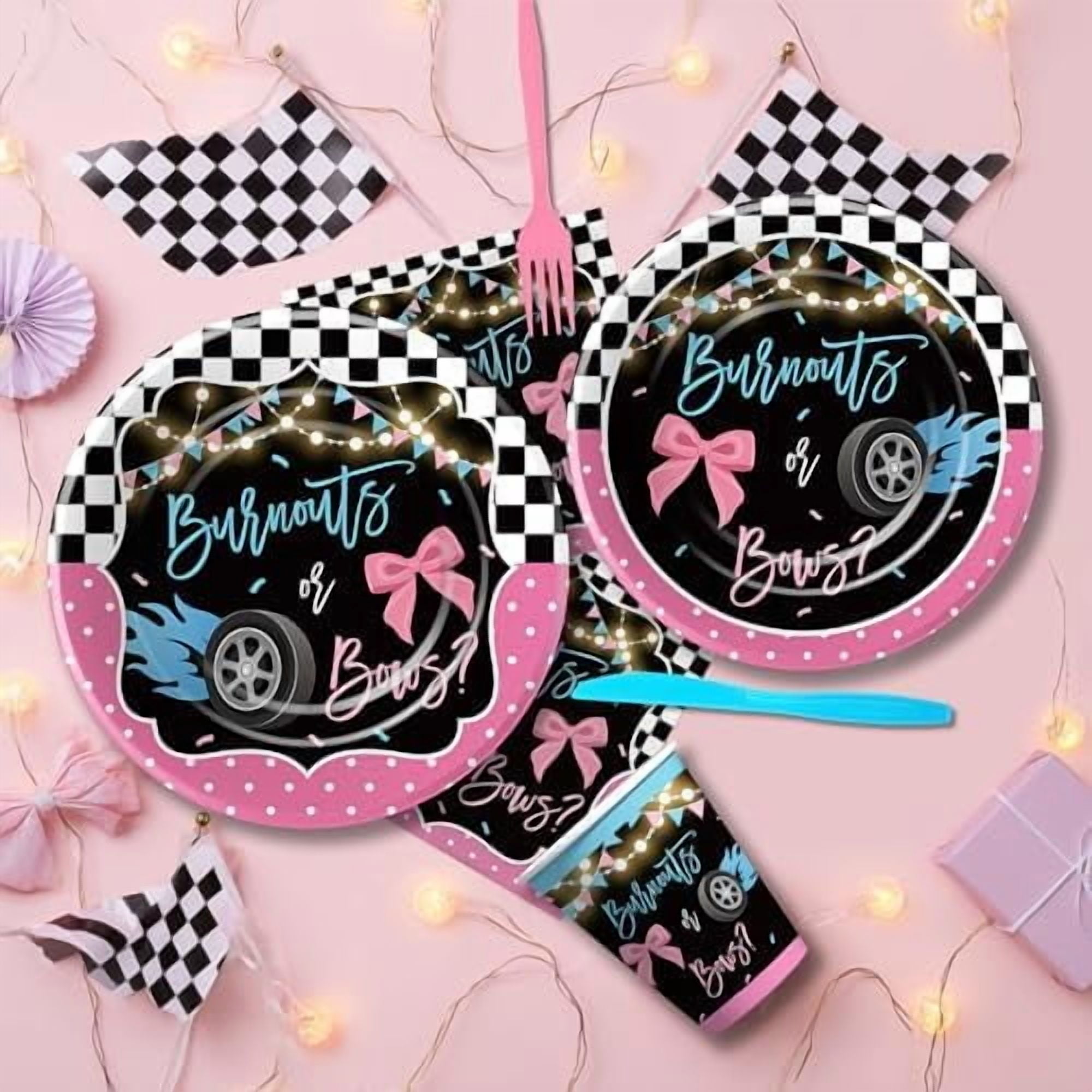 Burnouts or Bows Gender Reveal Party Supplies Set, Race Car vs Bows Baby Shower Tableware (Pink, Serves 24) cc7vy
