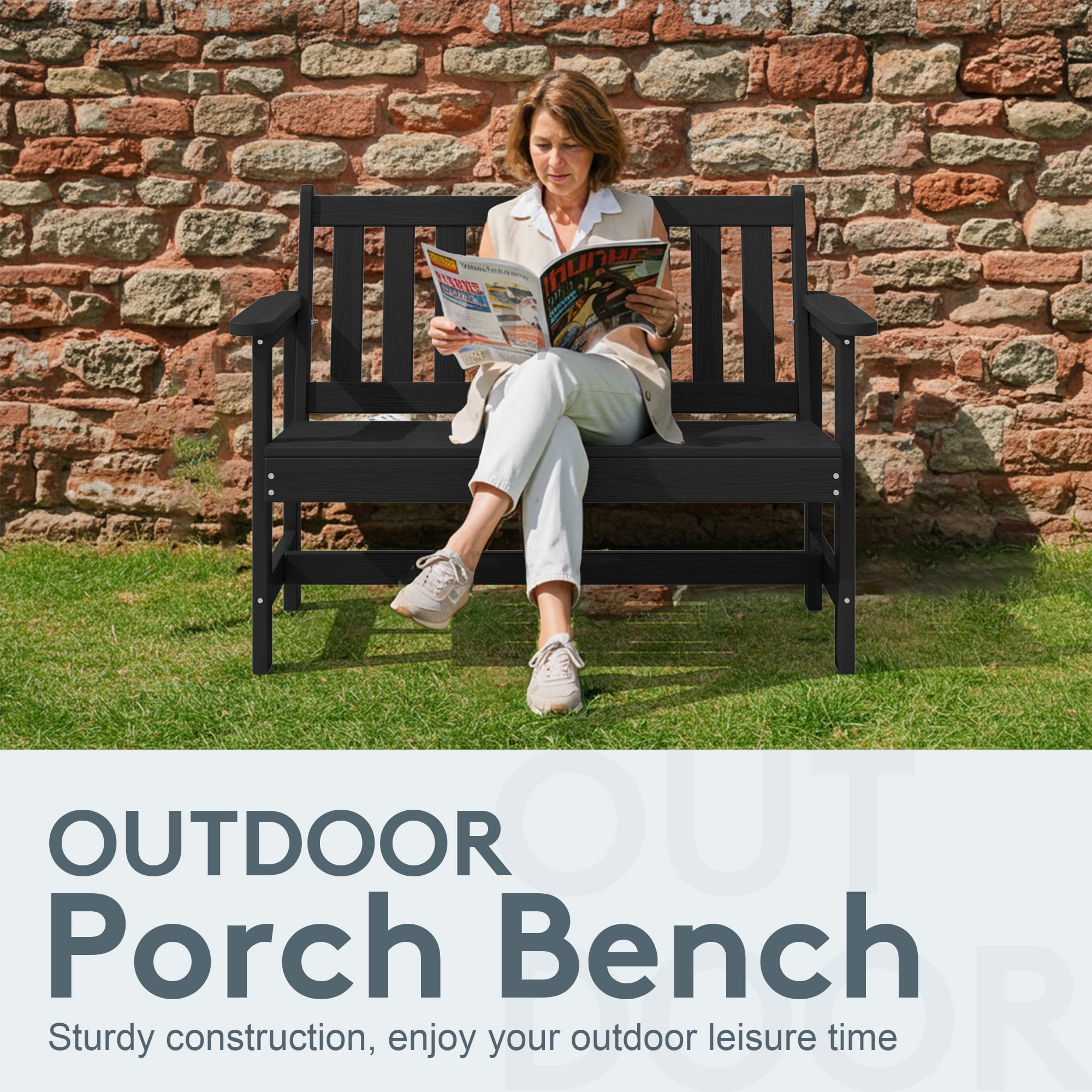 SERWALL Outdoor Patio Bench, Weather-Resistant HDPE 2-Person Garden Seating with Aluminum Reinforcement (Black, 48.82 in W) u8v4c
