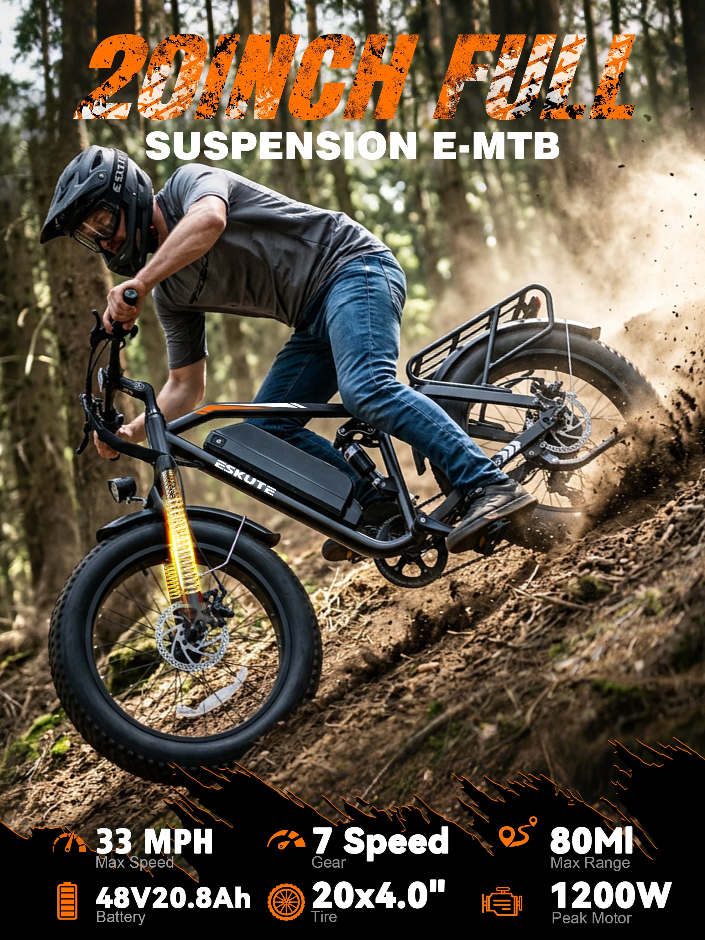 Elecby M300 Electric Mountain Bike, Full Suspension Fat Tire Ebike, 1200W Motor, 52V 20.8Ah Battery (Black, One Size) nd2ow