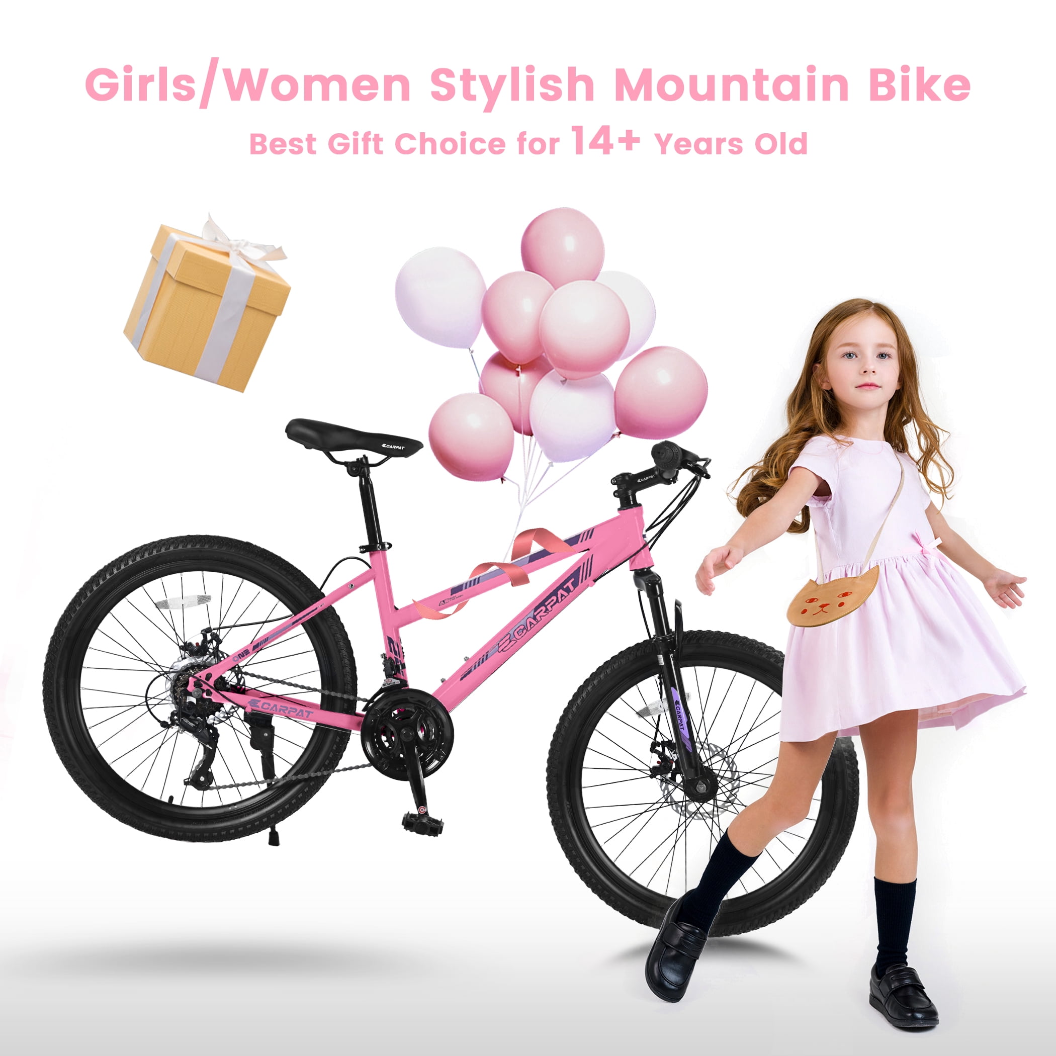 Ecarpat 26 Inch Mountain Bike, 21-Speed Trail Commuter Bicycle with Dual Disc Brakes (Pink, 26 in) 96k4h
