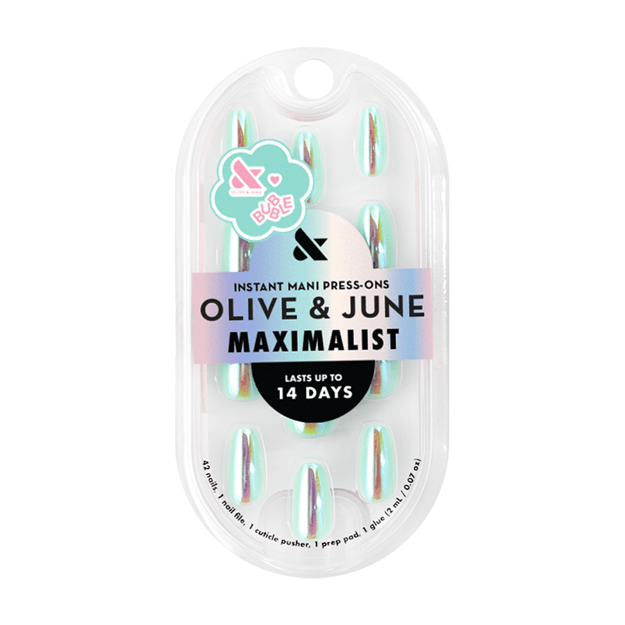 Olive & June Press-on Nails, Instant Mani Medium Coffin, Teal Glass Chrome (42 Pieces) cqa5u