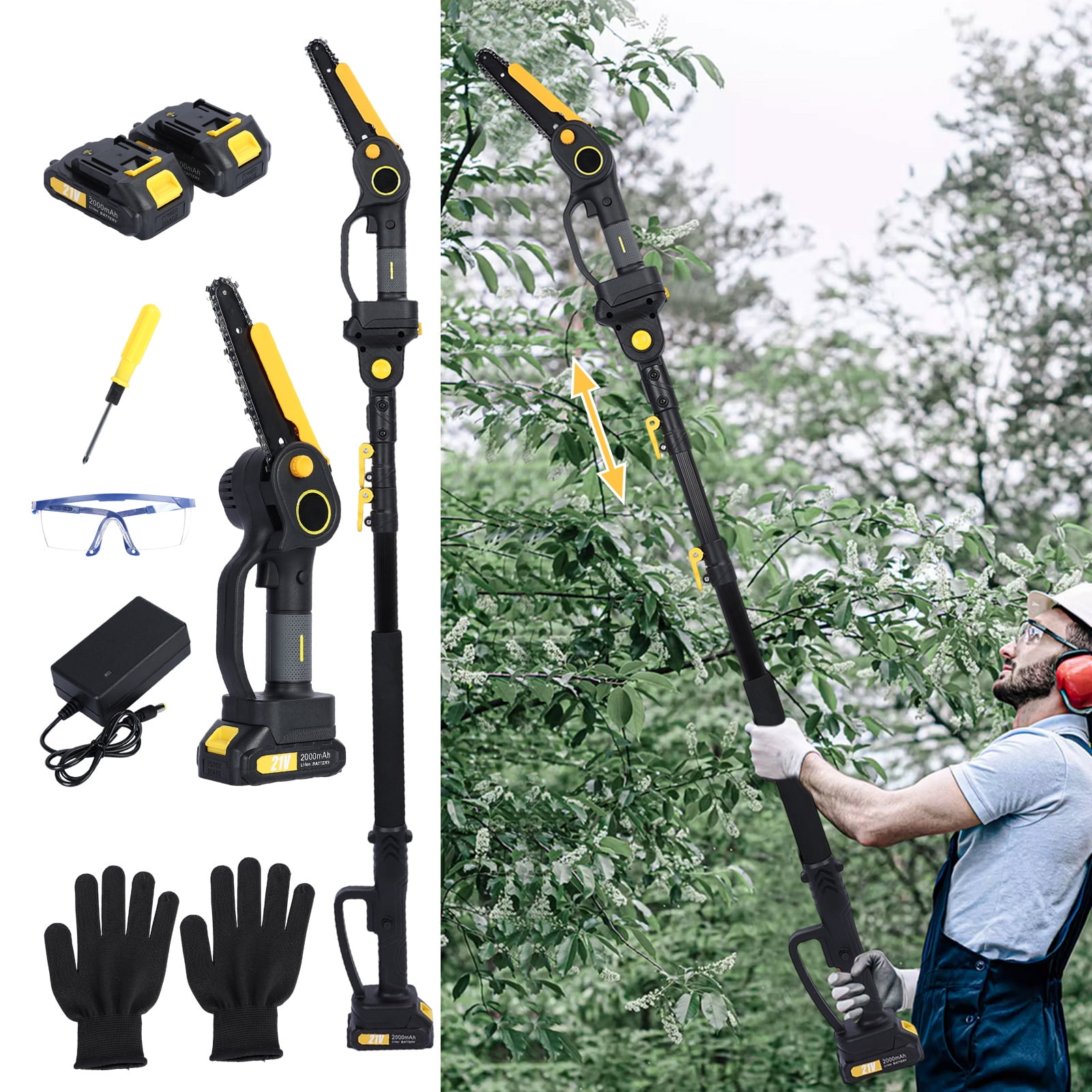 Happydeer 2-in-1 Cordless Pole Saw, 6 Inch Brushless Electric Chainsaw with 14 ft Extension Pole and 2 Batteries xkwjt