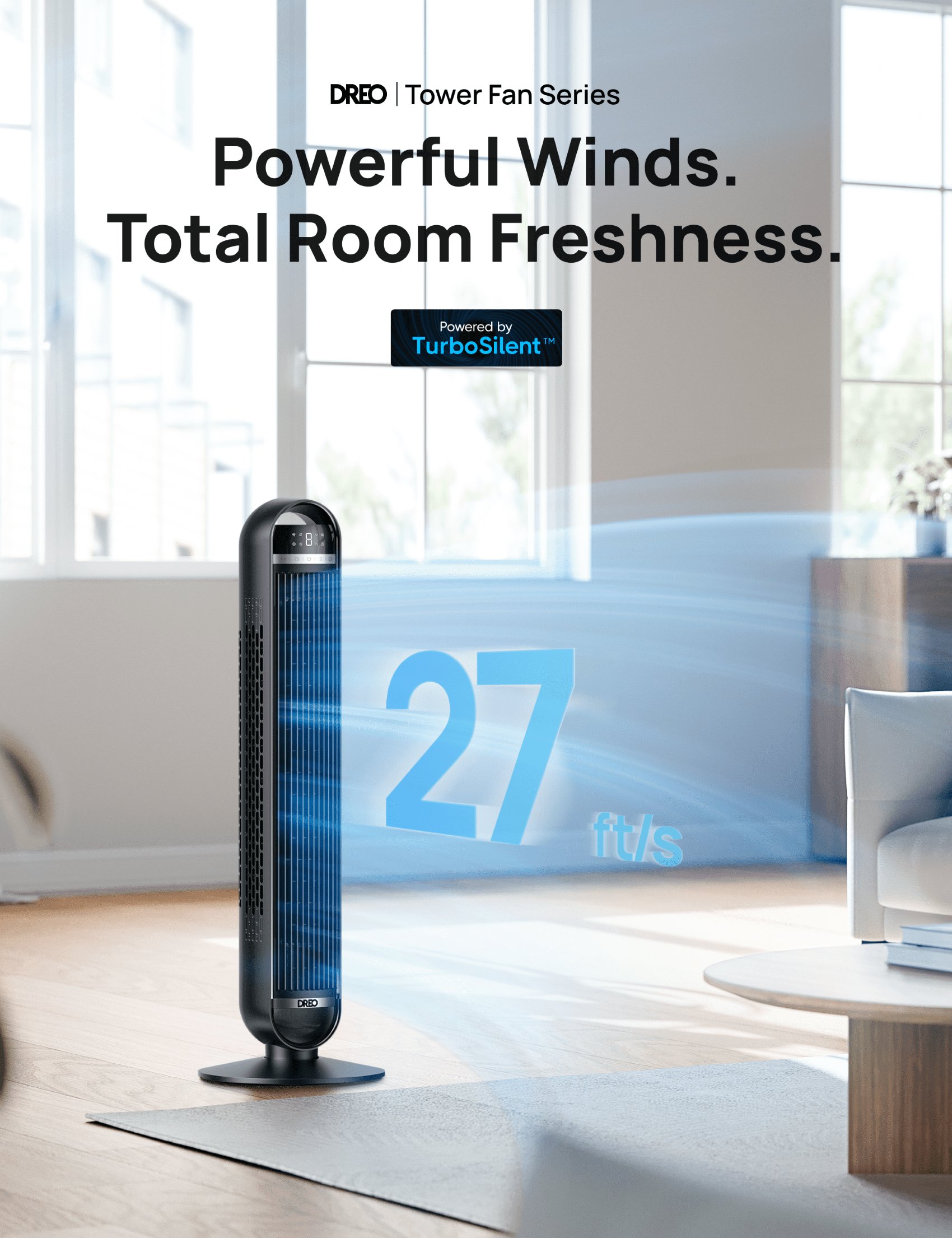 DREO Nomad DC Tower Fan, Quiet Oscillating Floor Fan with Remote Control (Black, 36 in) v825l