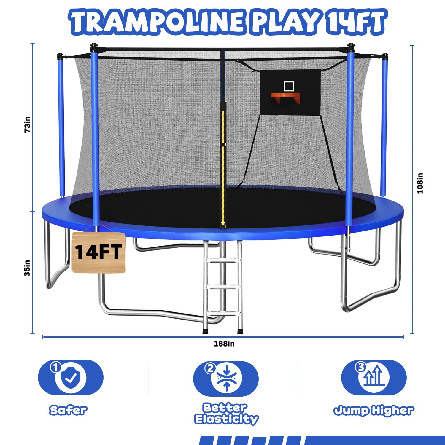 SHINPT 14ft Outdoor Trampoline with Basketball Hoop and Ladder, Heavy-Duty Backyard Trampoline with Safety Net (Blue, 14 ft) v976f