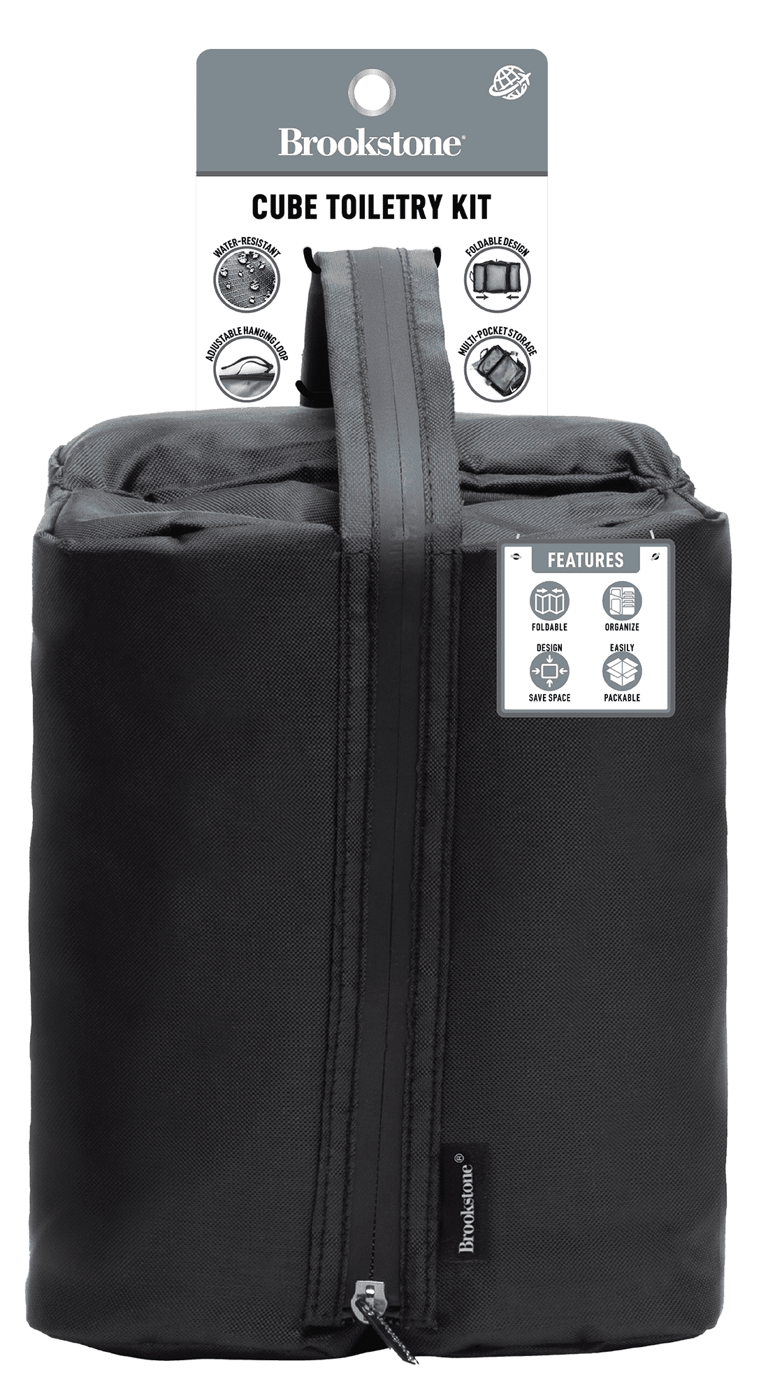 Brookstone Hanging Travel Toiletry Organizer Cube (Black, 7 in x 13 in x 5.5 in) h83ez