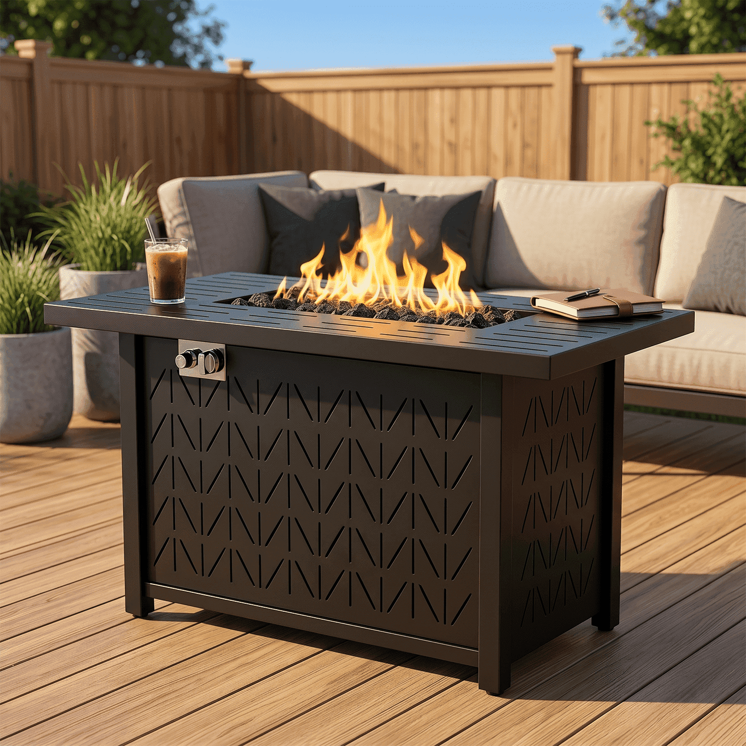 Vornel 43 in Rectangular Propane Fire Pit Table, 50000 BTU 2-in-1 Gas Fire Table with Lid and Cover (Black, 43 in) yeym8