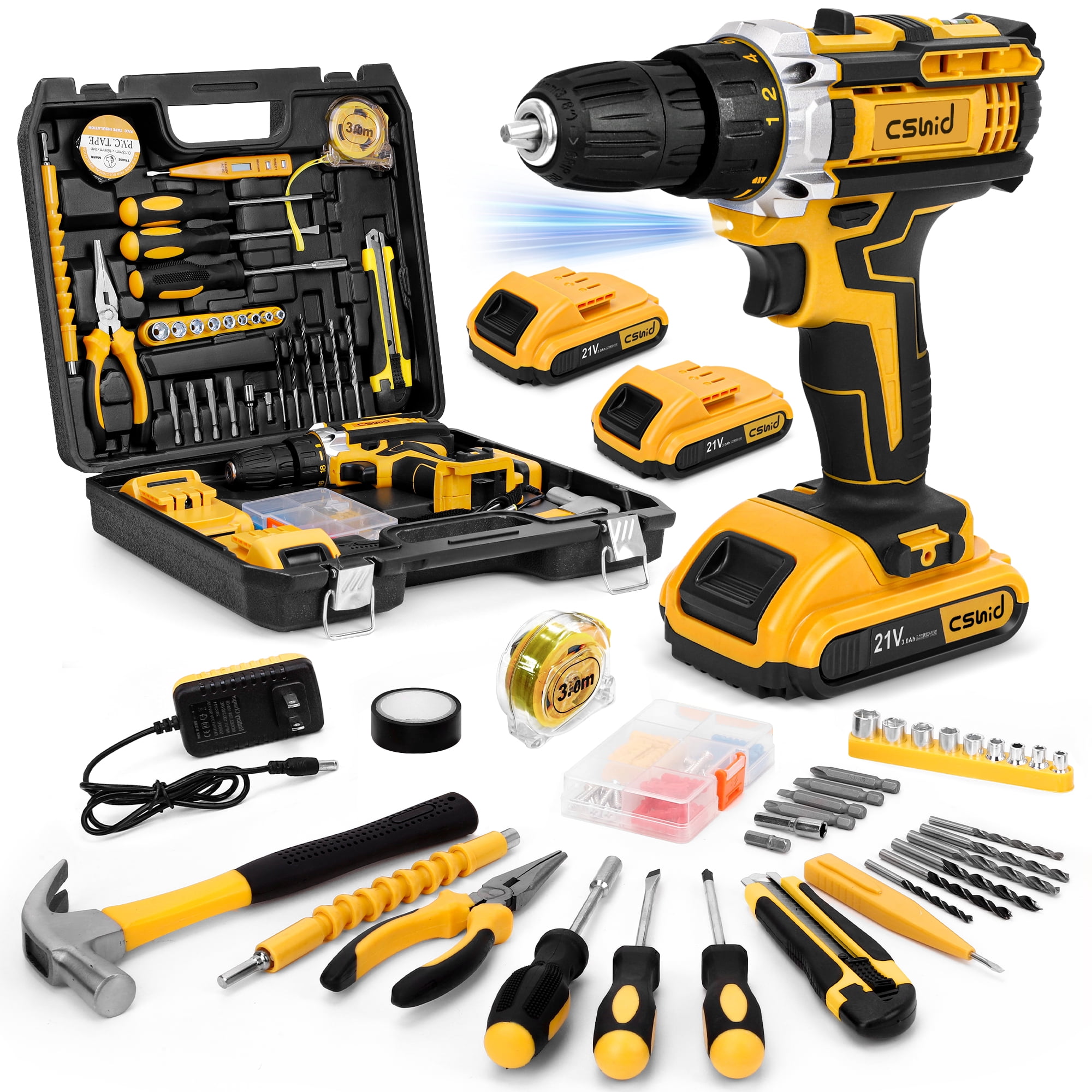 Cshidworld 21V Cordless Drill Power Tool Kit with 95-Piece Repair Set and Storage Case (Yellow, 95-Piece) 4po7p