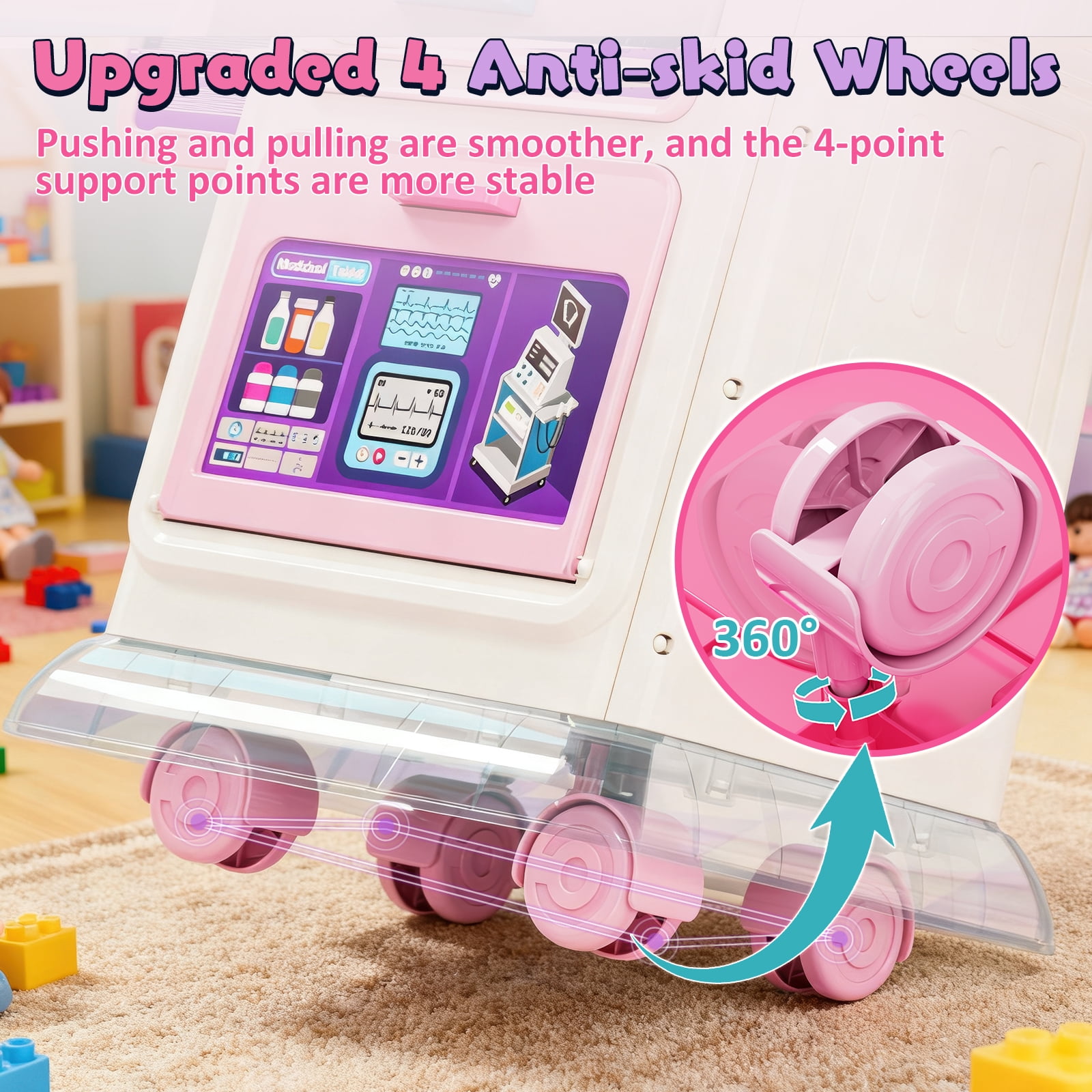 KWANITHINK Kids Doctor Play Cart with Realistic Light and Sound Effects, Pretend Medical Station Role Play Toy (Pink, 21.2 in x 16.9 in x 8 in) fkiqg