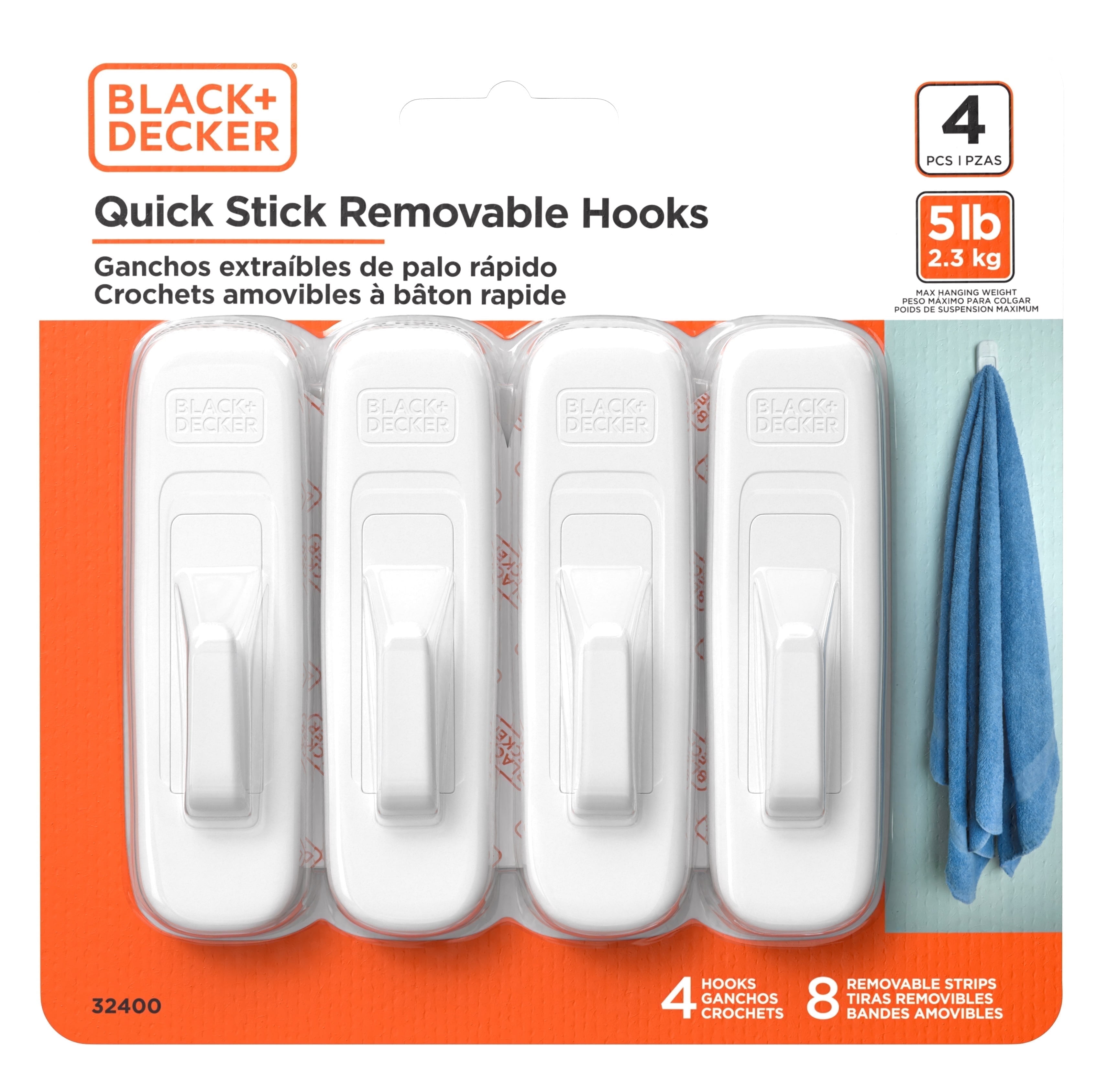 BLACK+DECKER Removable Wall Hooks, Damage-Free Adhesive Hangers for Home Organization (White, 4 Pack, 5 lb Capacity) y3isn