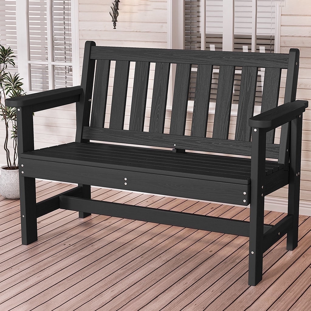 SERWALL Outdoor Patio Bench, Weather-Resistant HDPE 2-Person Garden Seating with Aluminum Reinforcement (Black, 48.82 in W) u8v4c