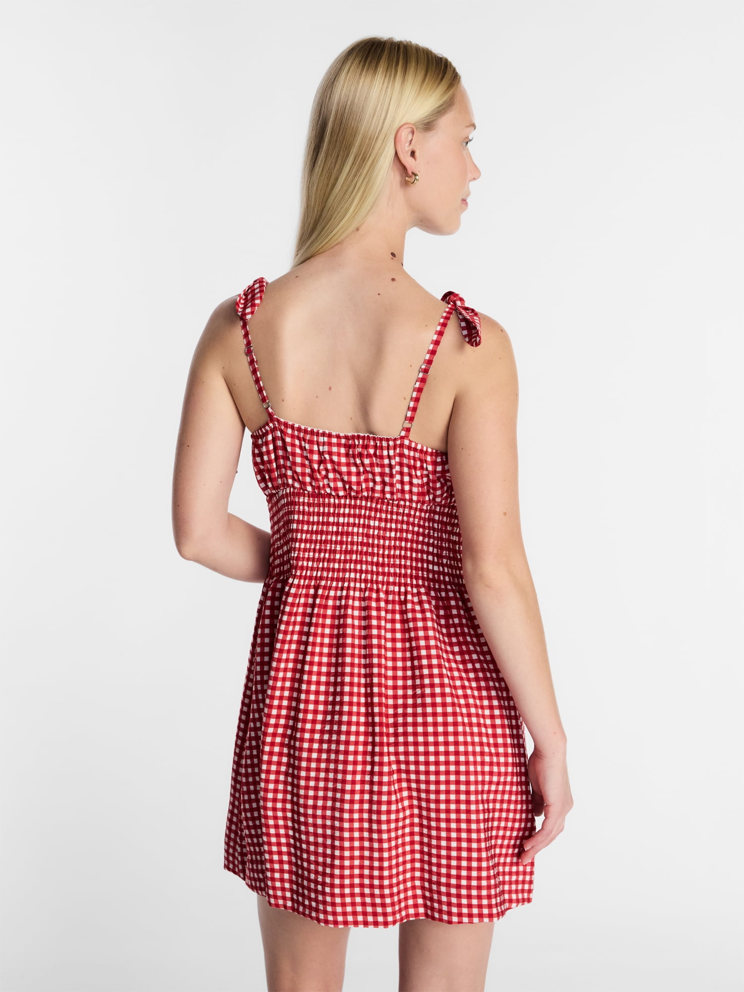 Kacey Lee Women's Smocked Mini Dress Gingham Pattern Sleeveless (Red, XS) 2ujj1
