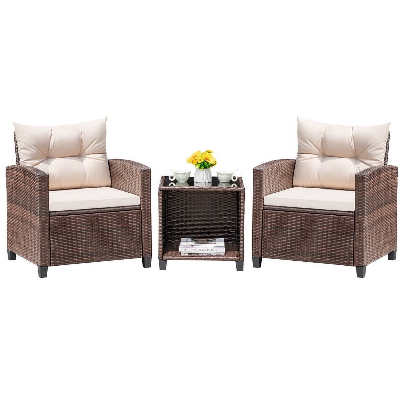 Devoko 3-Piece Patio Bistro Set, Rattan Outdoor Conversation Chair Set with Cushions and Coffee Table (Beige) 76ffr