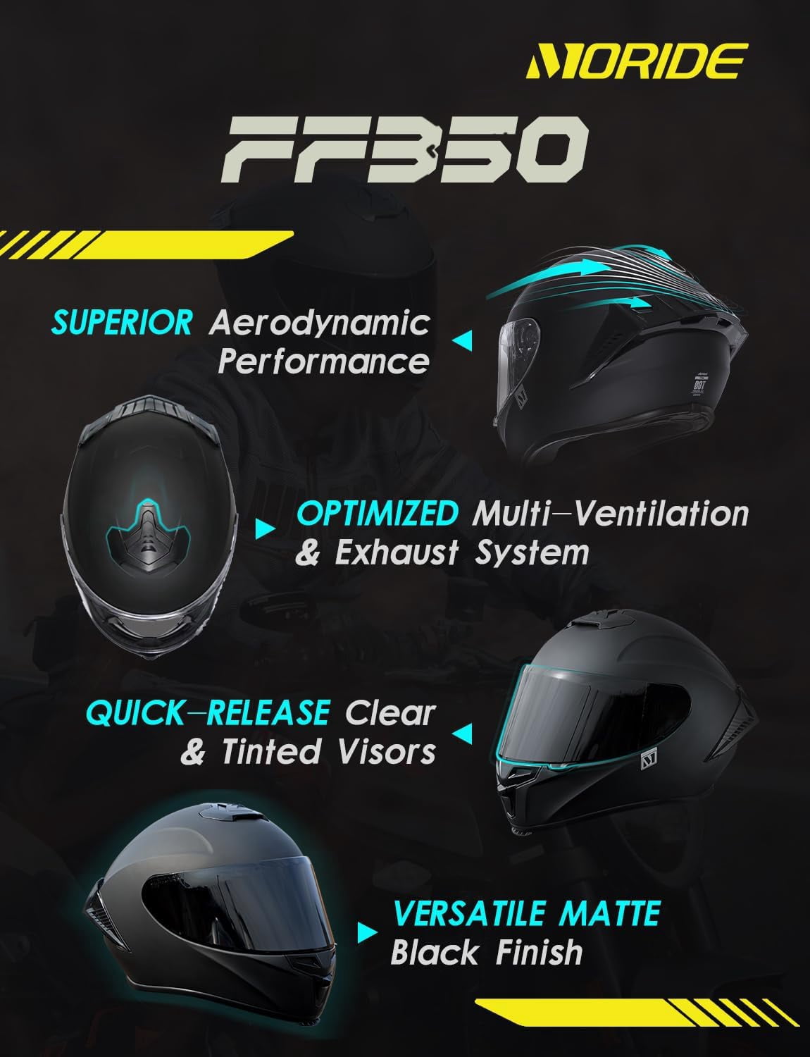 Moride Full Face Motorcycle Helmet with Aerodynamic Spoiler (Black, Large) u3xj8
