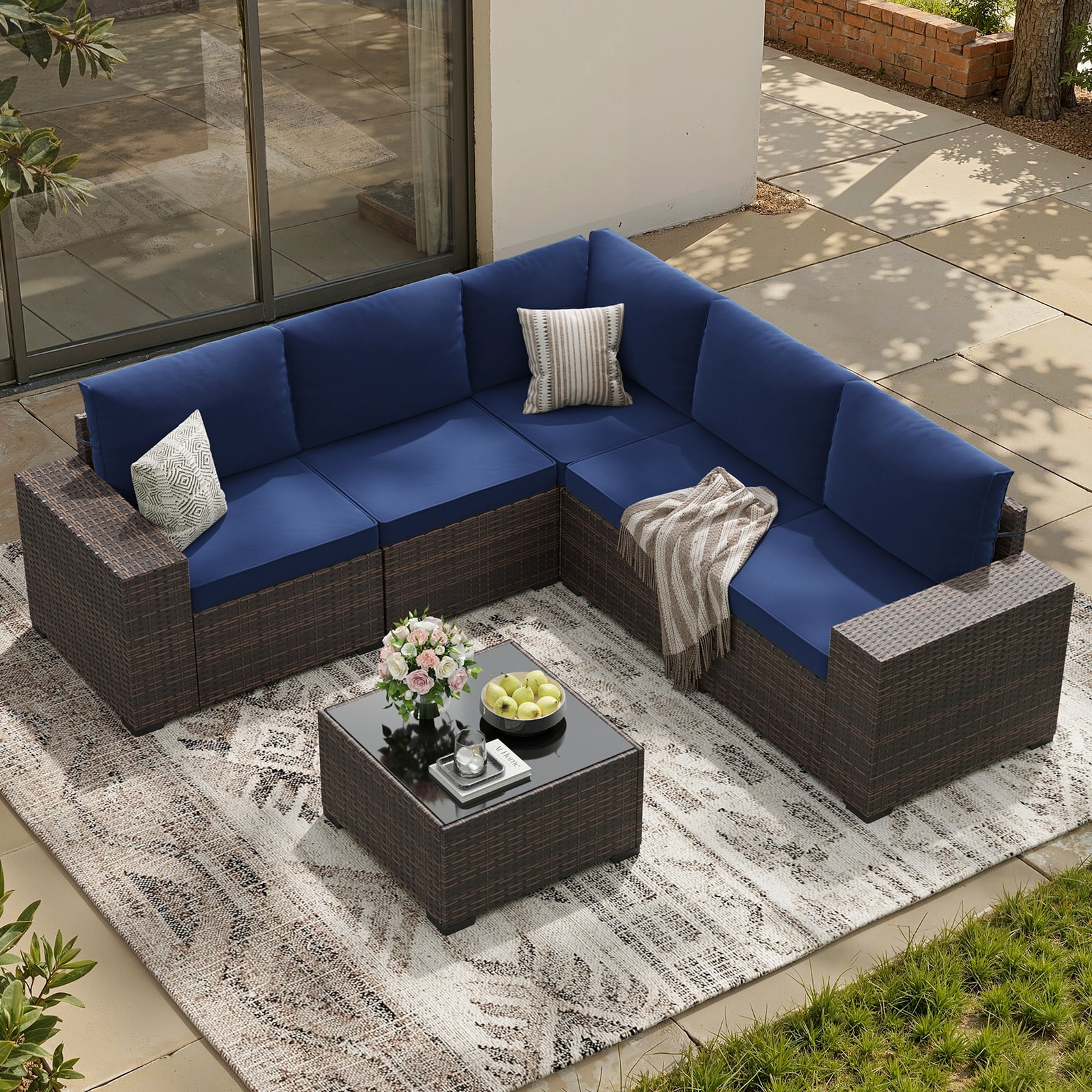 STARY 6-Piece Outdoor Sectional Sofa Set with Wide Armrests, PE Rattan Patio Conversation Furniture (Blue, 6-Piece Set) qf0g7