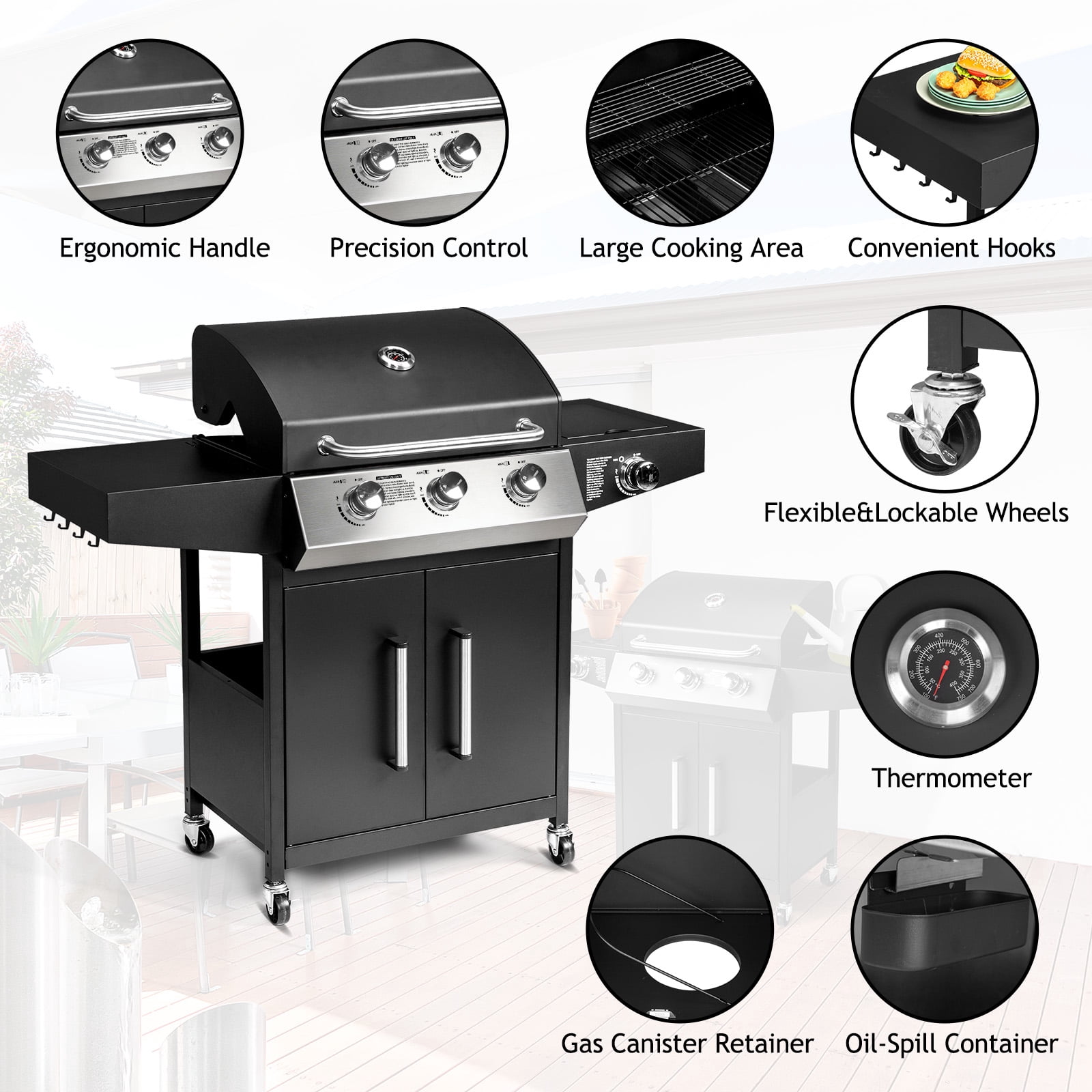 UBesGoo 3-Burner Propane Gas Grill with Side Burner (Black, 46000 BTU) qi2i0