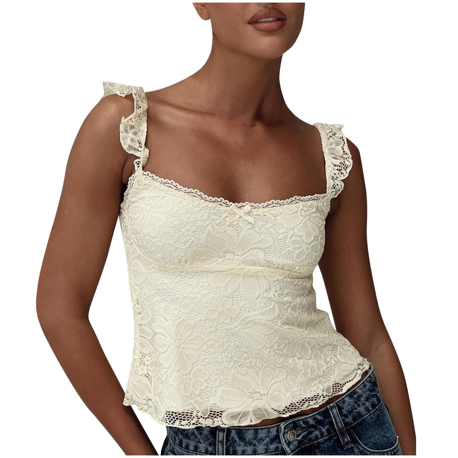 Aloohaidyvio Women Y2k Lace Tank Top Sleeveless Summer Crop Camisole (Beige, S) rf8no