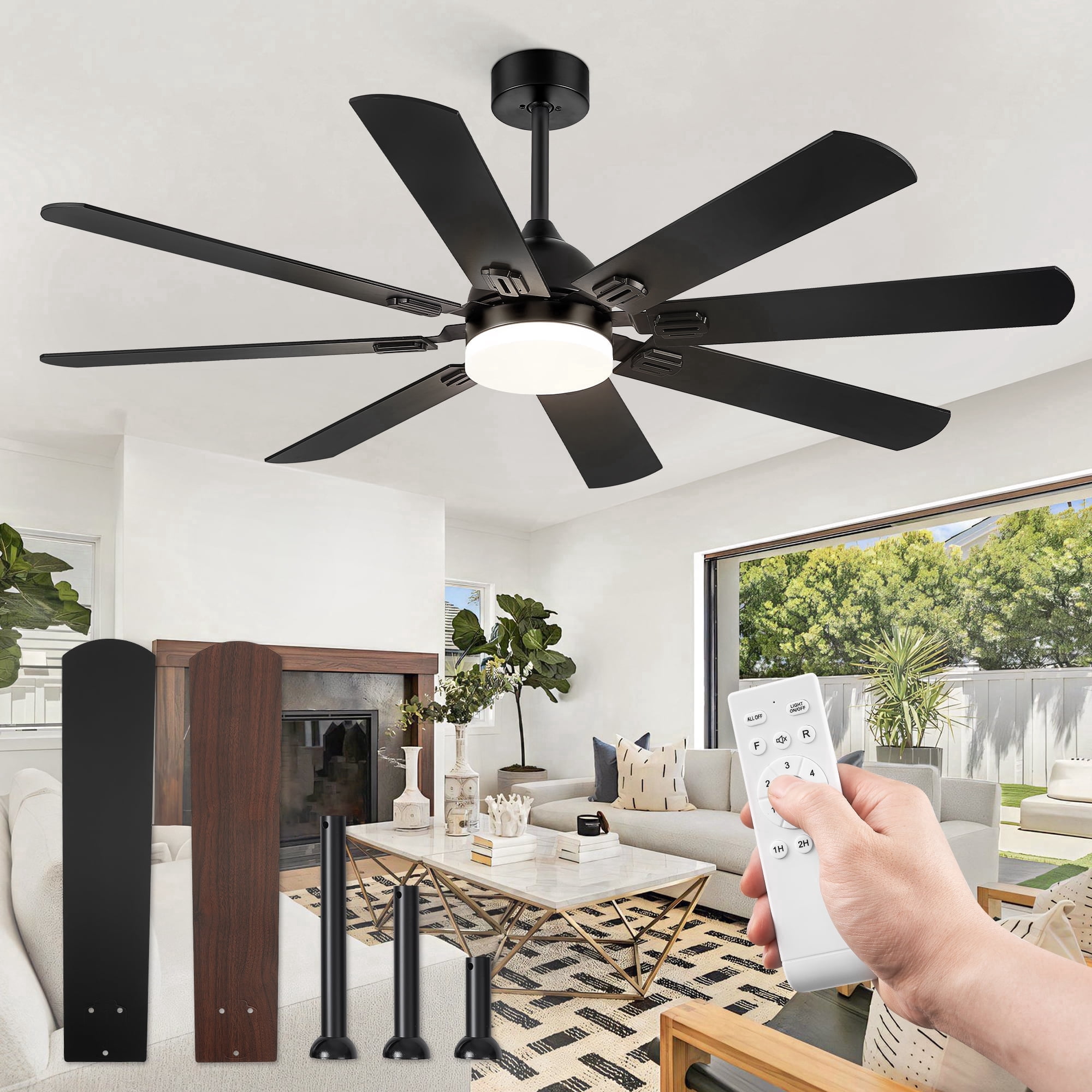 Zardon 62 in. Modern Indoor Ceiling Fan with LED Light and Remote Control (Black, 8-Blade) yvs2m